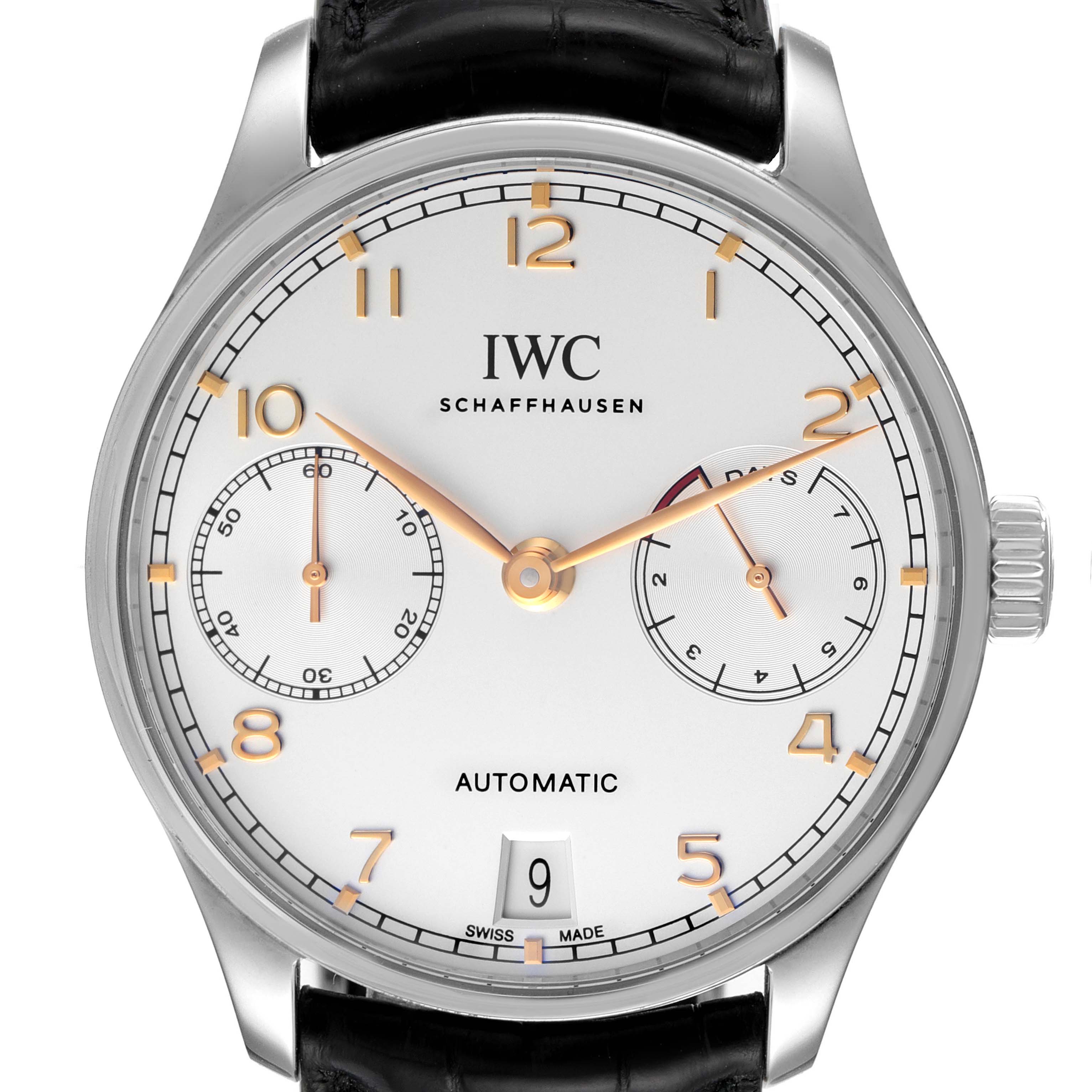 This image shows a frontal view of the IWC Portuguese IW500704 Men's Stainless Steel Silver Dial IW500704 Men's Stainless Steel Silver Dial watch, highlighting the dial, hands, subdials, crown, and strap.