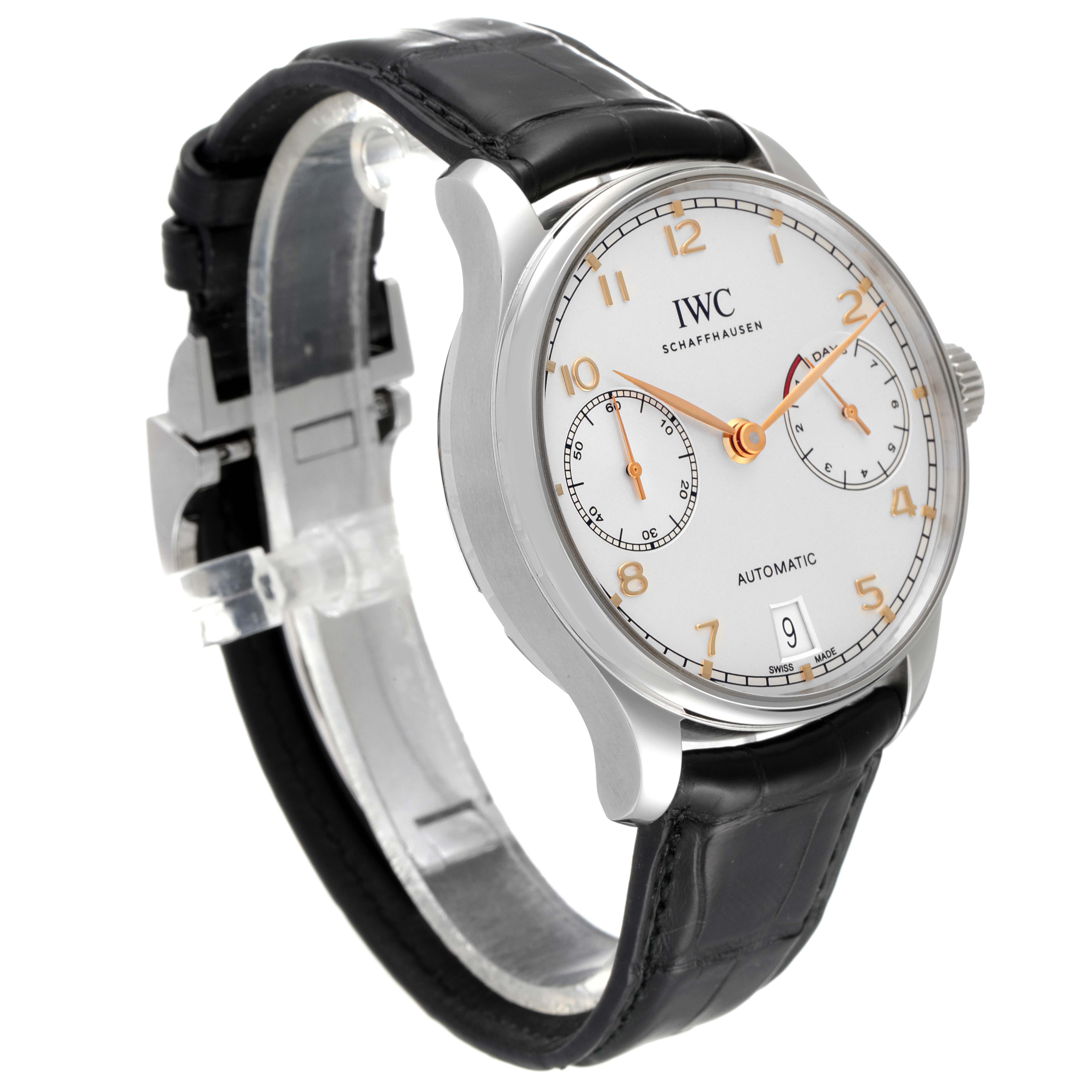 The IWC Portuguese IW500704 Men's Stainless Steel Silver Dial IW500704 Men's Stainless Steel Silver Dial model watch is shown at a three-quarter angle, displaying its face, bezel, crown, and black leather strap.