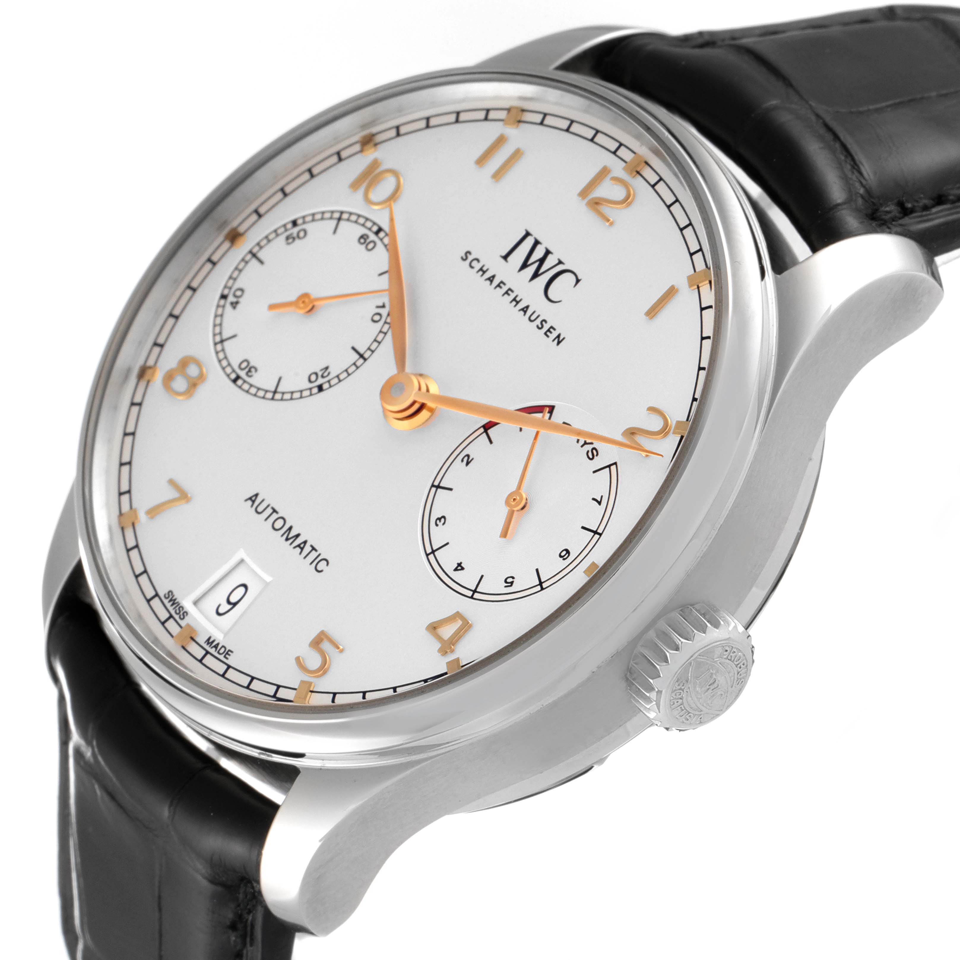 This image shows an angled close-up view of the IWC Portuguese IW500704 Men's Stainless Steel Silver Dial IW500704 Men's Stainless Steel Silver Dial model, highlighting the dial, numerals, hands, and crown.