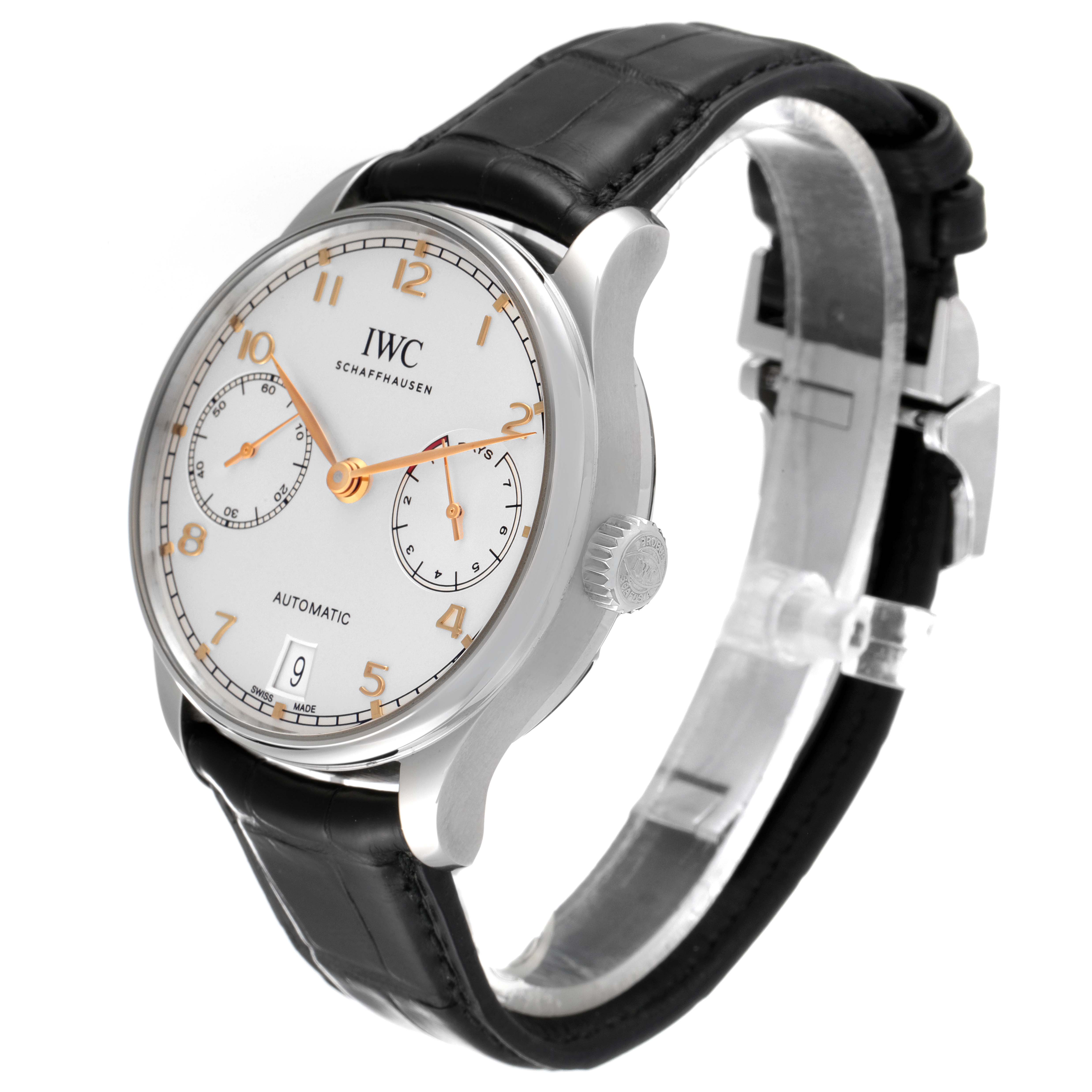 This IWC Portuguese IW500704 Men's Stainless Steel Silver Dial IW500704 Men's Stainless Steel Silver Dial model watch is shown at a three-quarter angle, highlighting the dial, case, crown, and leather strap.