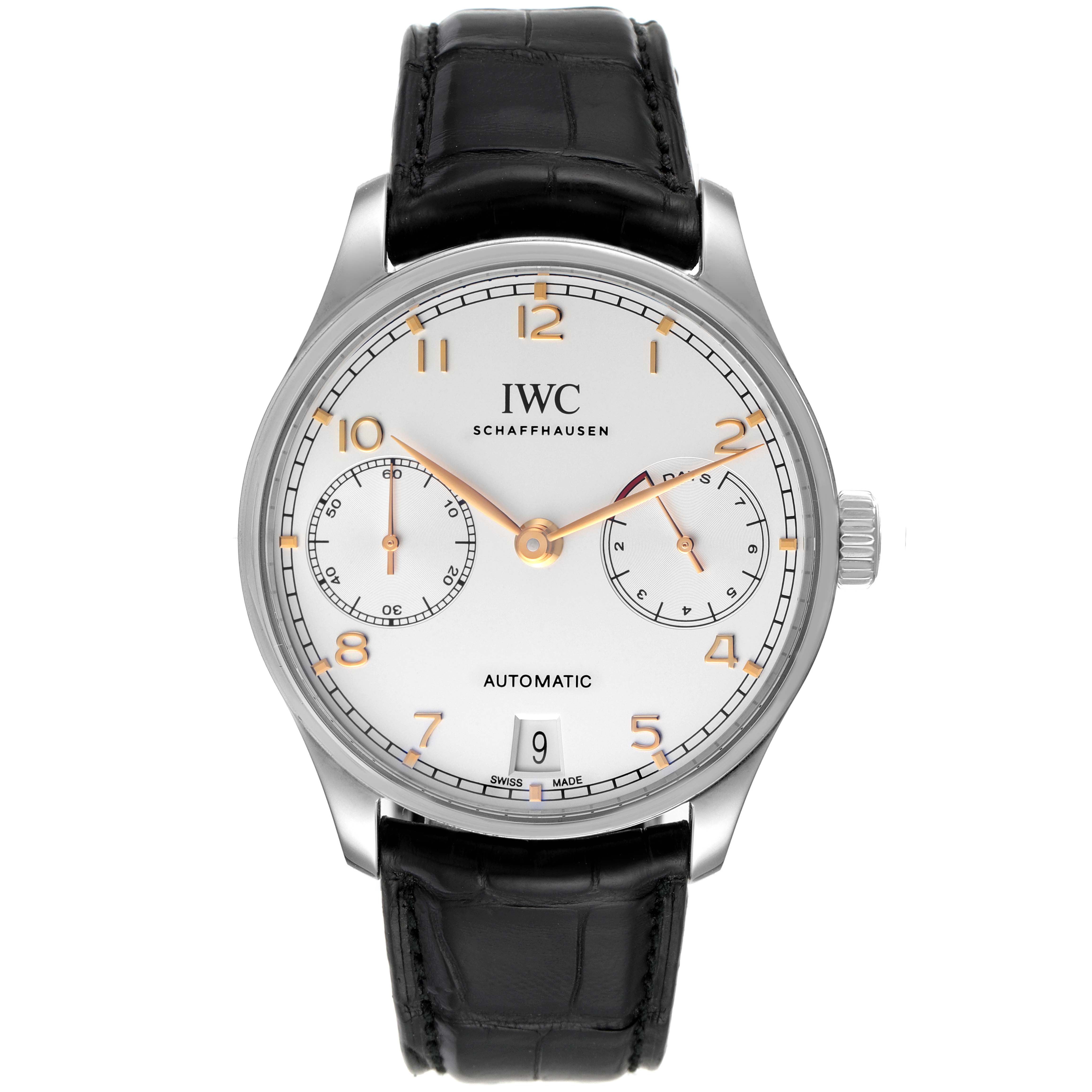 The image shows a front view of an IWC Portuguese IW500704 Men's Stainless Steel Silver Dial IW500704 Men's Stainless Steel Silver Dial model watch, featuring a white dial, subdials, and a black leather strap.