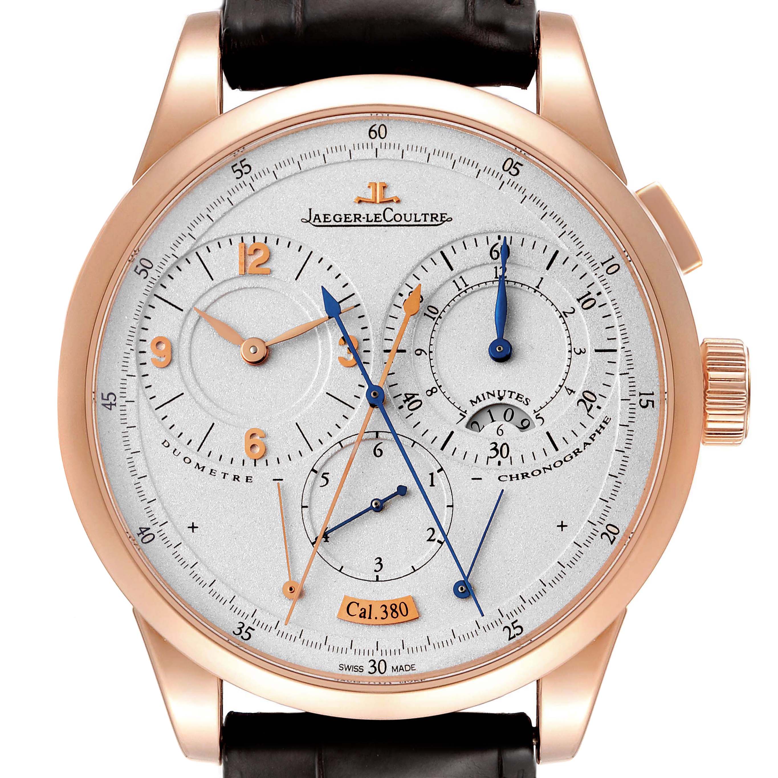 The image shows a front view of a Jaeger LeCoultre Duometre Q6012420 Men's Rose Gold Silver Dial Q6012420 Men's Rose Gold Silver Dial watch, highlighting its dial, subdials, and hands.