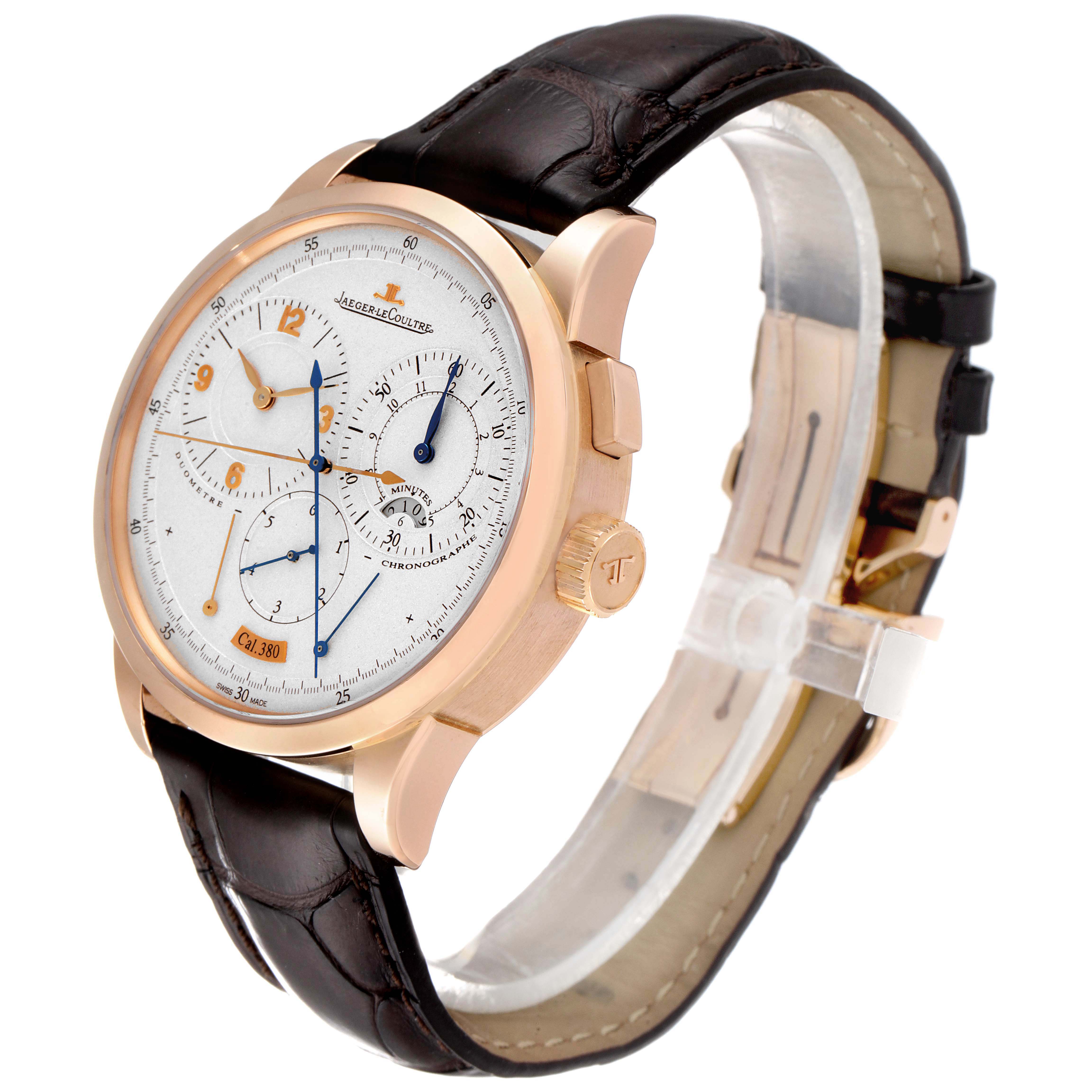 The image shows a Jaeger-LeCoultre Duometre watch from a side angle, highlighting its face, crown, and leather strap.
