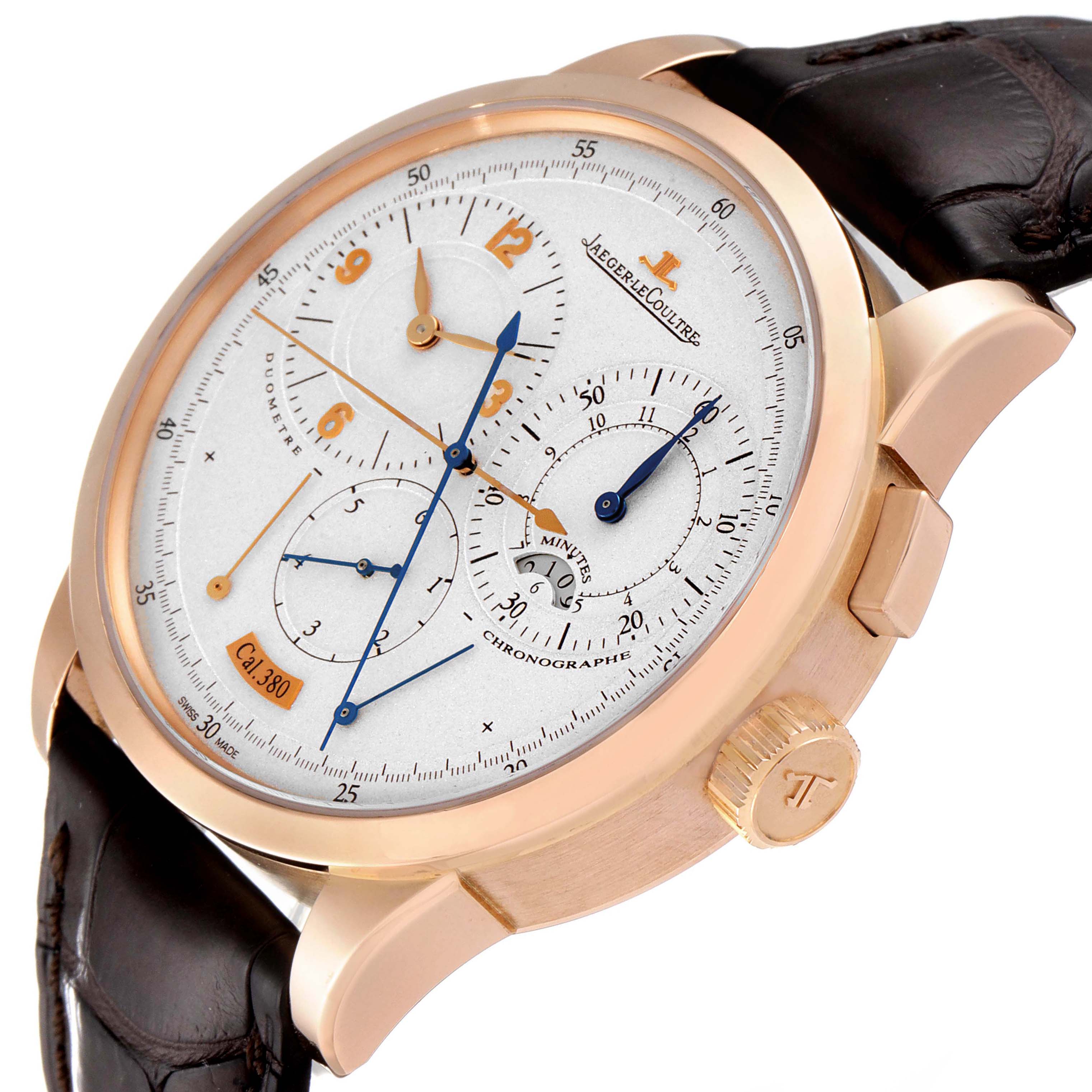 The image shows a Jaeger LeCoultre Duometre Q6012420 Men's Rose Gold Silver Dial Q6012420 Men's Rose Gold Silver Dial watch at a slight angle, highlighting the dial, subdials, case, and crown with a leather strap.