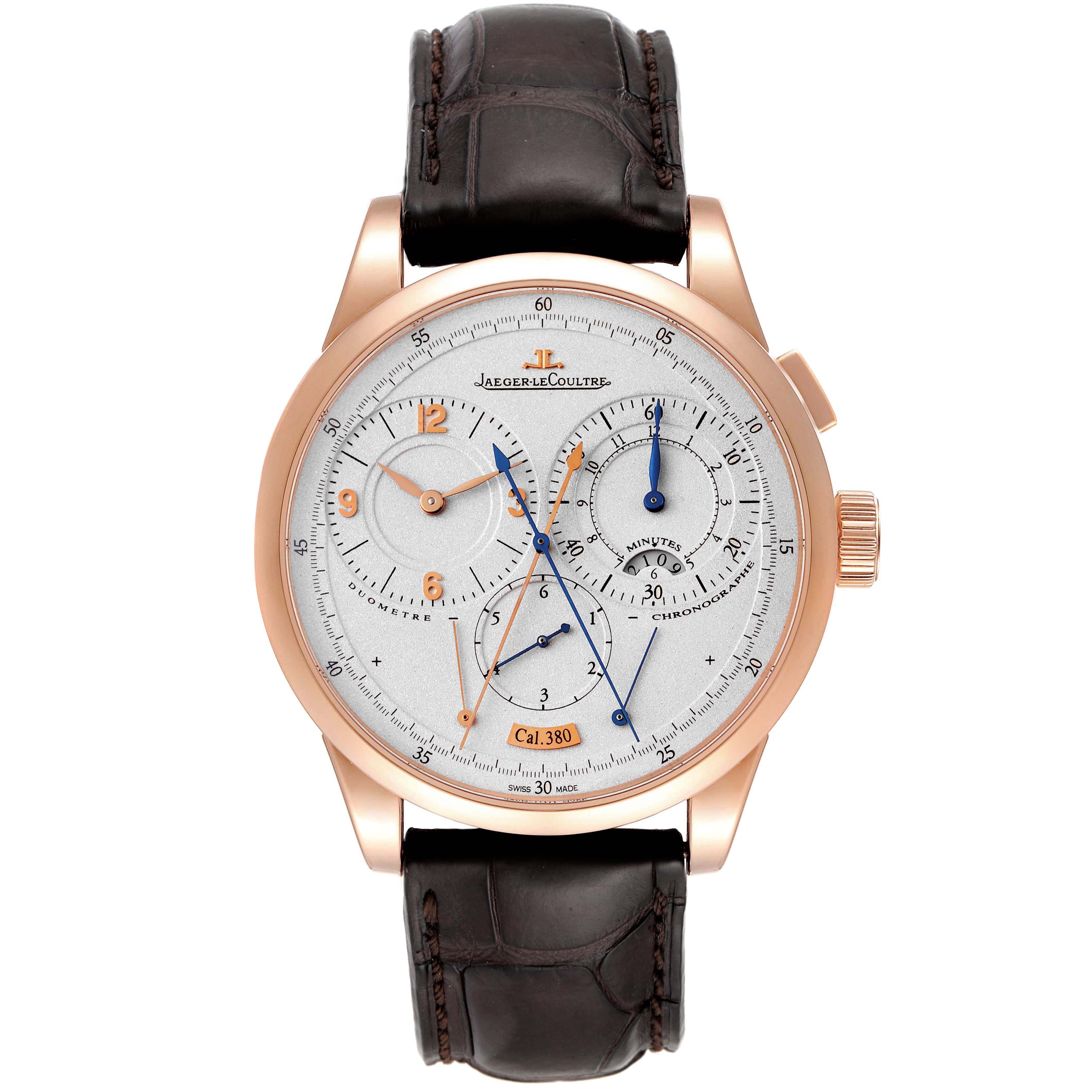 The image shows a frontal view of a Jaeger LeCoultre Duometre Q6012420 Men's Rose Gold Silver Dial Q6012420 Men's Rose Gold Silver Dial watch with a brown strap and gold case.