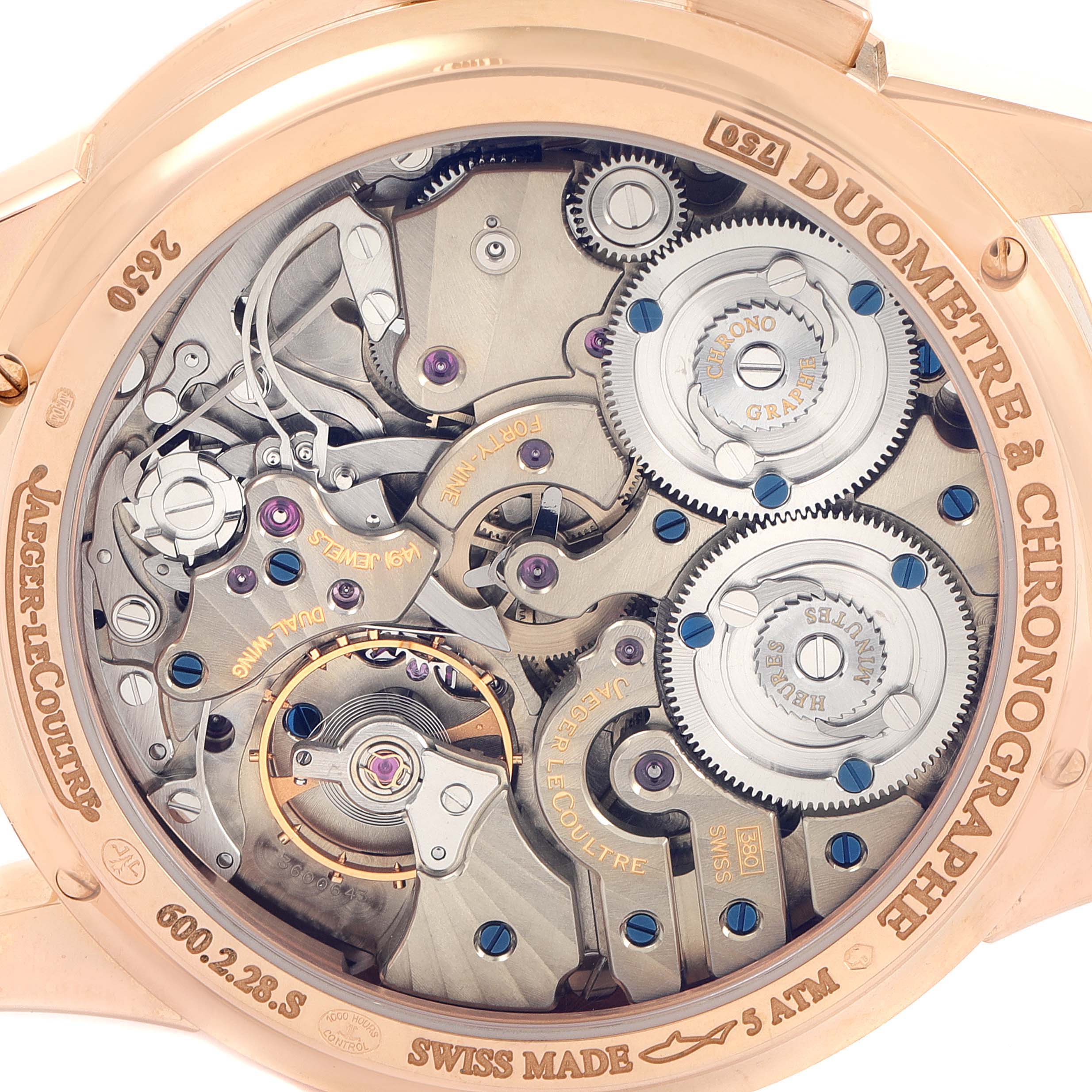 This image shows the intricate back view of a Jaeger LeCoultre Duometre Q6012420 Men's Rose Gold Silver Dial Q6012420 Men's Rose Gold Silver Dial watch, highlighting its movement and gears.