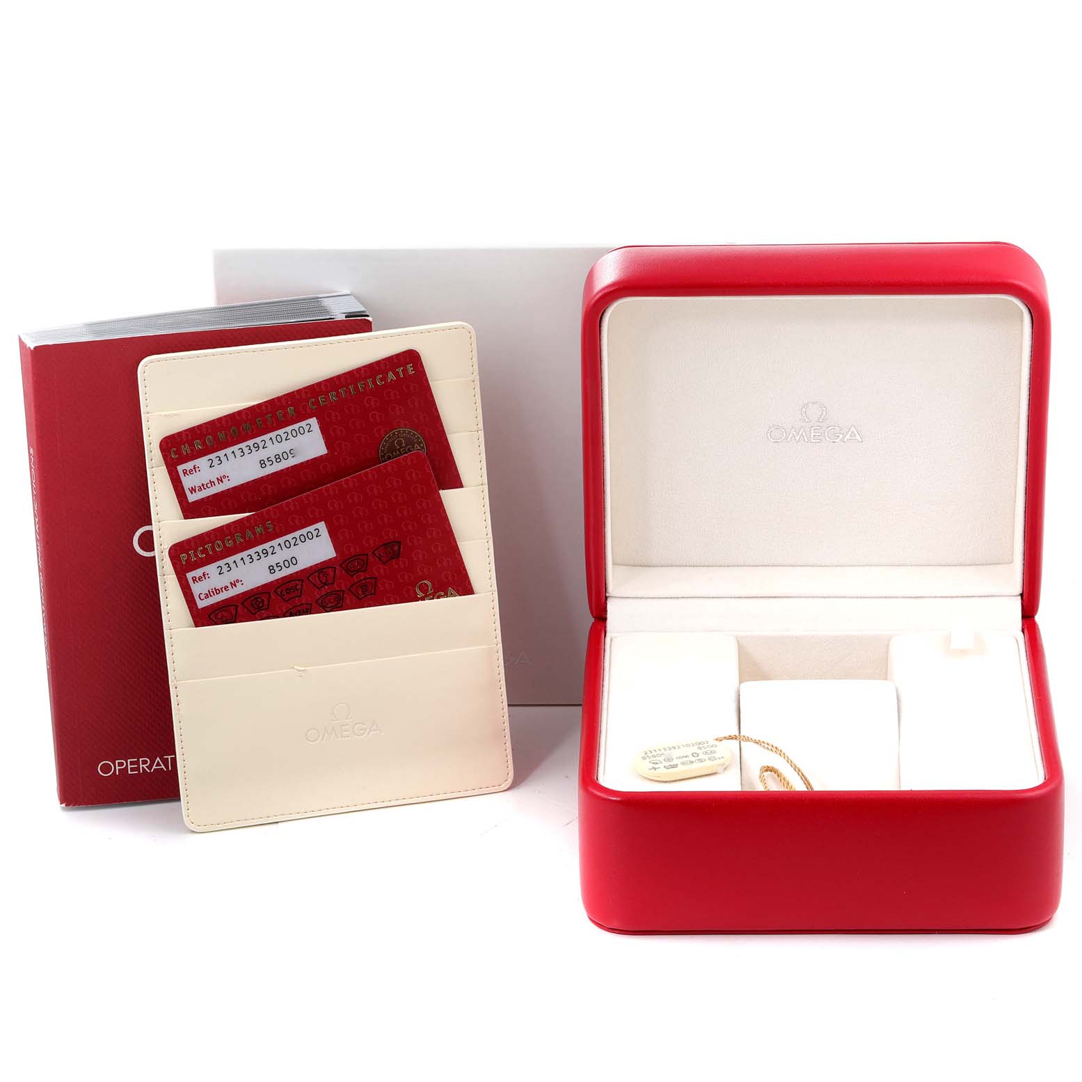 The image shows the box, warranty cards, and accessories for the Omega Aqua Terra 231.13.39.21.02.002 Men
s Stainless Steel Silver Dial 231.13.39.21.02.002 Men
s Stainless Steel Silver Dial watch.