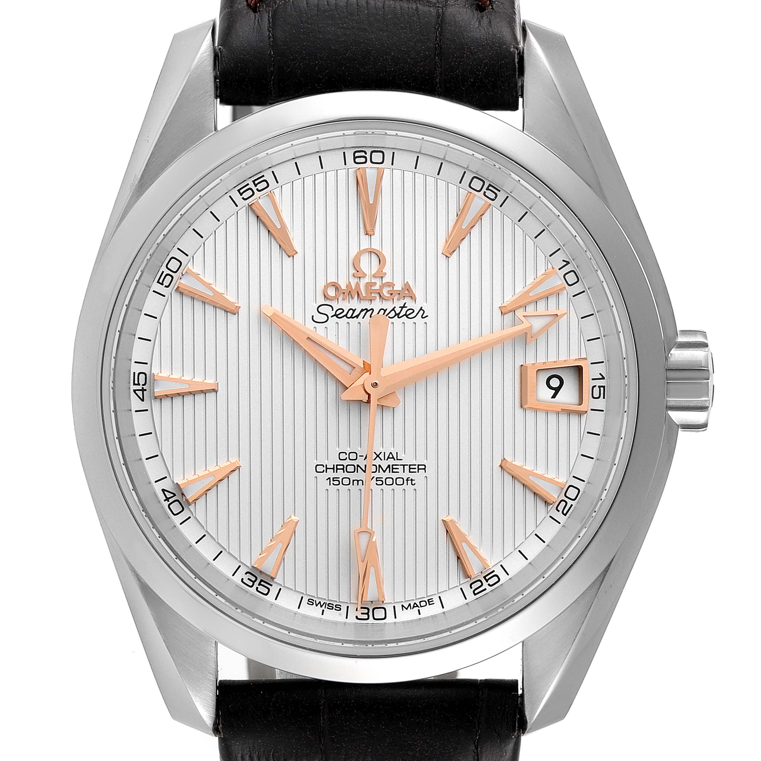 The Omega Aqua Terra 231.13.39.21.02.002 Men
s Stainless Steel Silver Dial 231.13.39.21.02.002 Men
s Stainless Steel Silver Dial watch is shown from the front, featuring its face, hands, crown, and part of the leather strap.