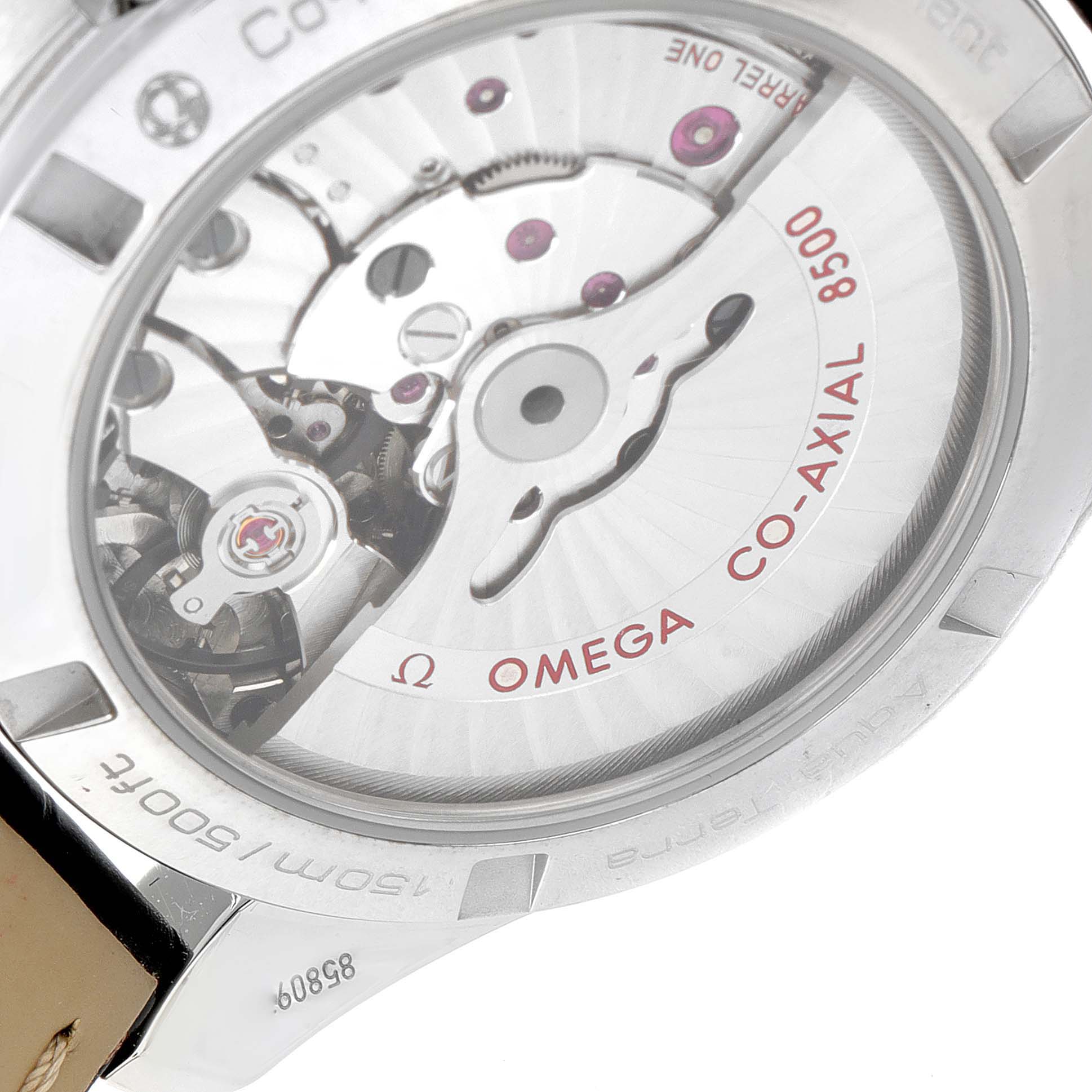 The image shows the Omega Aqua Terra 231.13.39.21.02.002 Men
s Stainless Steel Silver Dial 231.13.39.21.02.002 Men
s Stainless Steel Silver Dial
s exposed Co-Axial 8500 movement through the transparent case back.