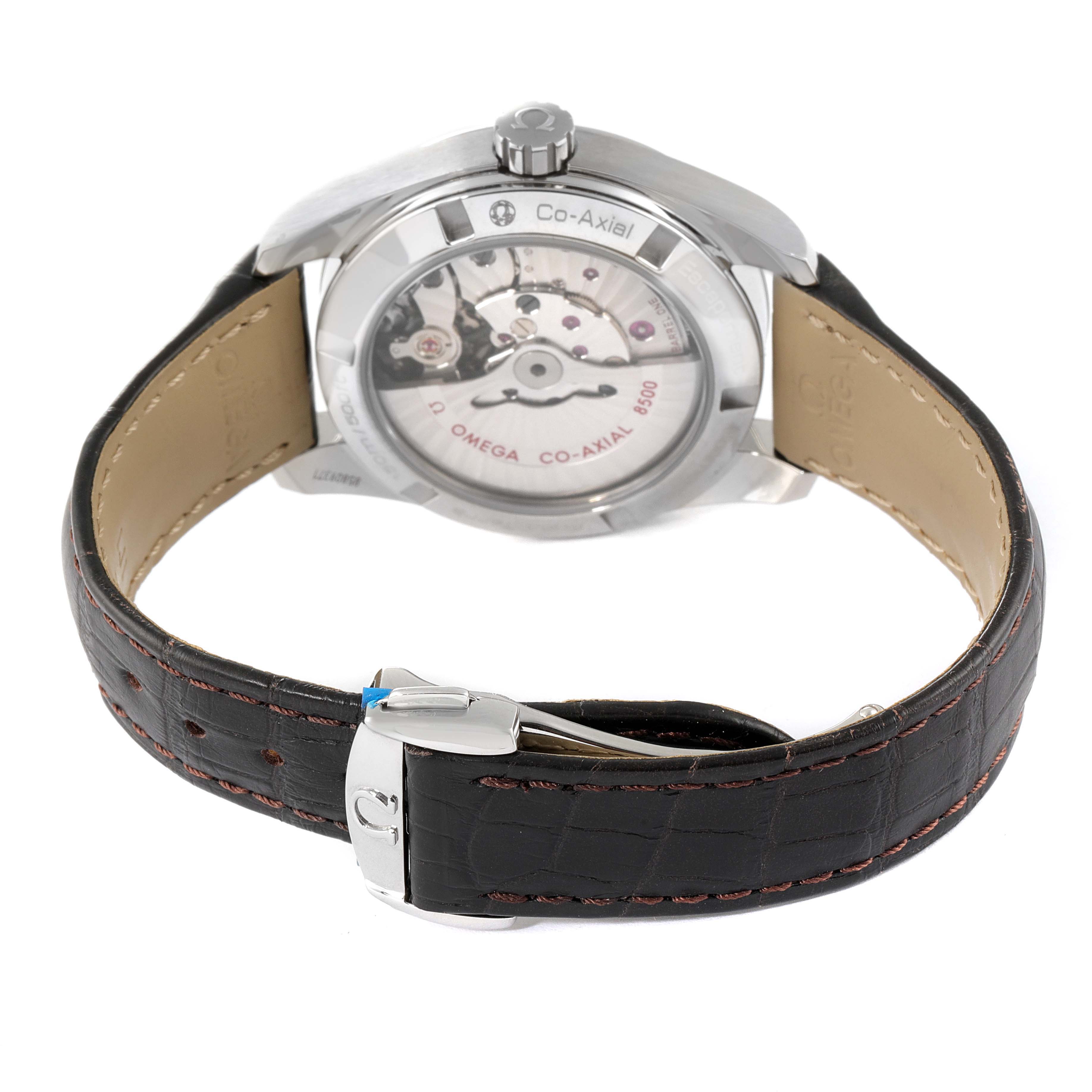 The image shows the back view of the Omega Aqua Terra 231.13.39.21.02.002 Men
s Stainless Steel Silver Dial 231.13.39.21.02.002 Men
s Stainless Steel Silver Dial watch, highlighting its movement mechanism and leather strap.