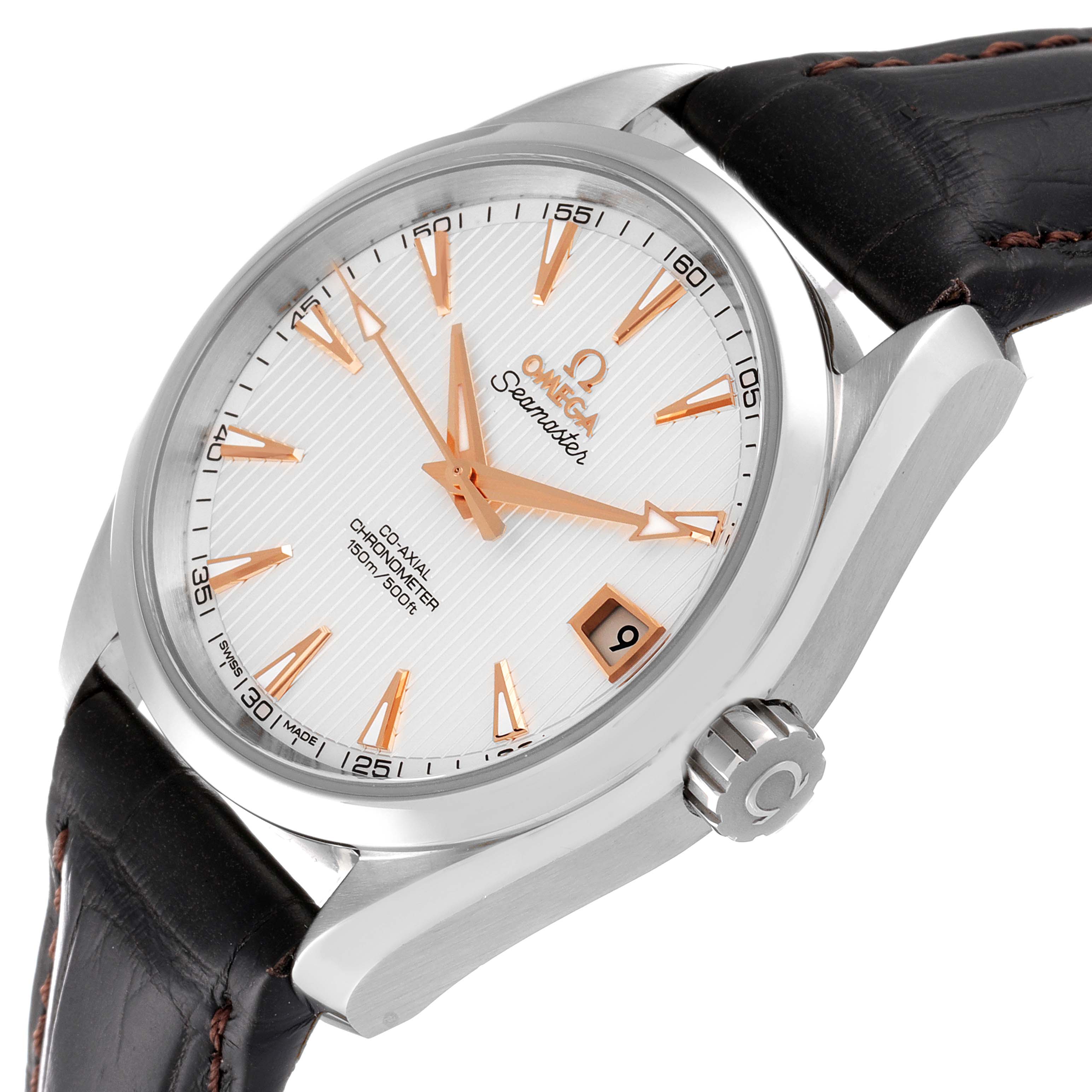 The Omega Aqua Terra 231.13.39.21.02.002 Men
s Stainless Steel Silver Dial 231.13.39.21.02.002 Men
s Stainless Steel Silver Dial watch is shown at an oblique angle, displaying the dial, crown, and part of the leather strap.