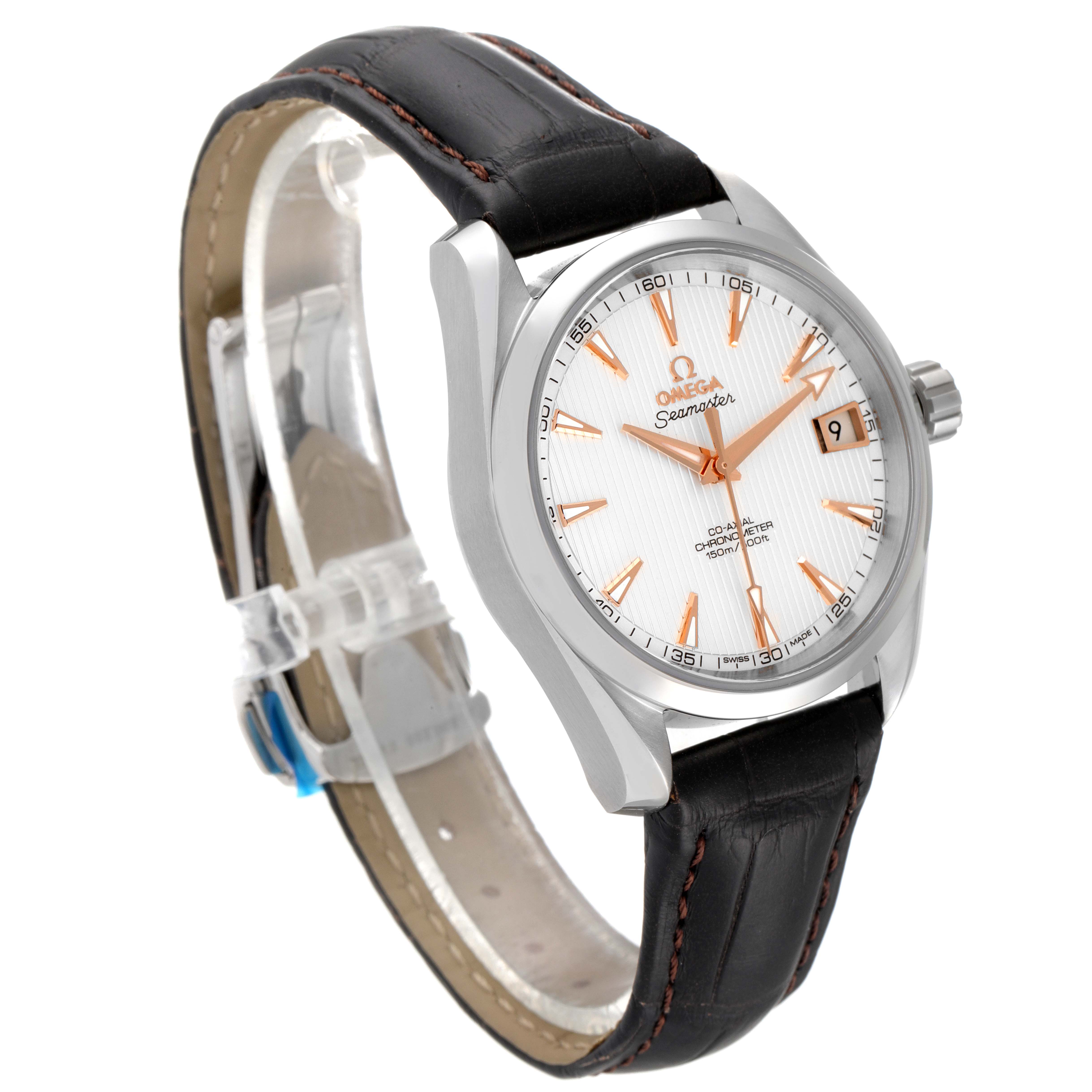 The image shows an angled view of an Omega Aqua Terra 231.13.39.21.02.002 Men
s Stainless Steel Silver Dial 231.13.39.21.02.002 Men
s Stainless Steel Silver Dial watch, highlighting the face, crown, and leather strap.