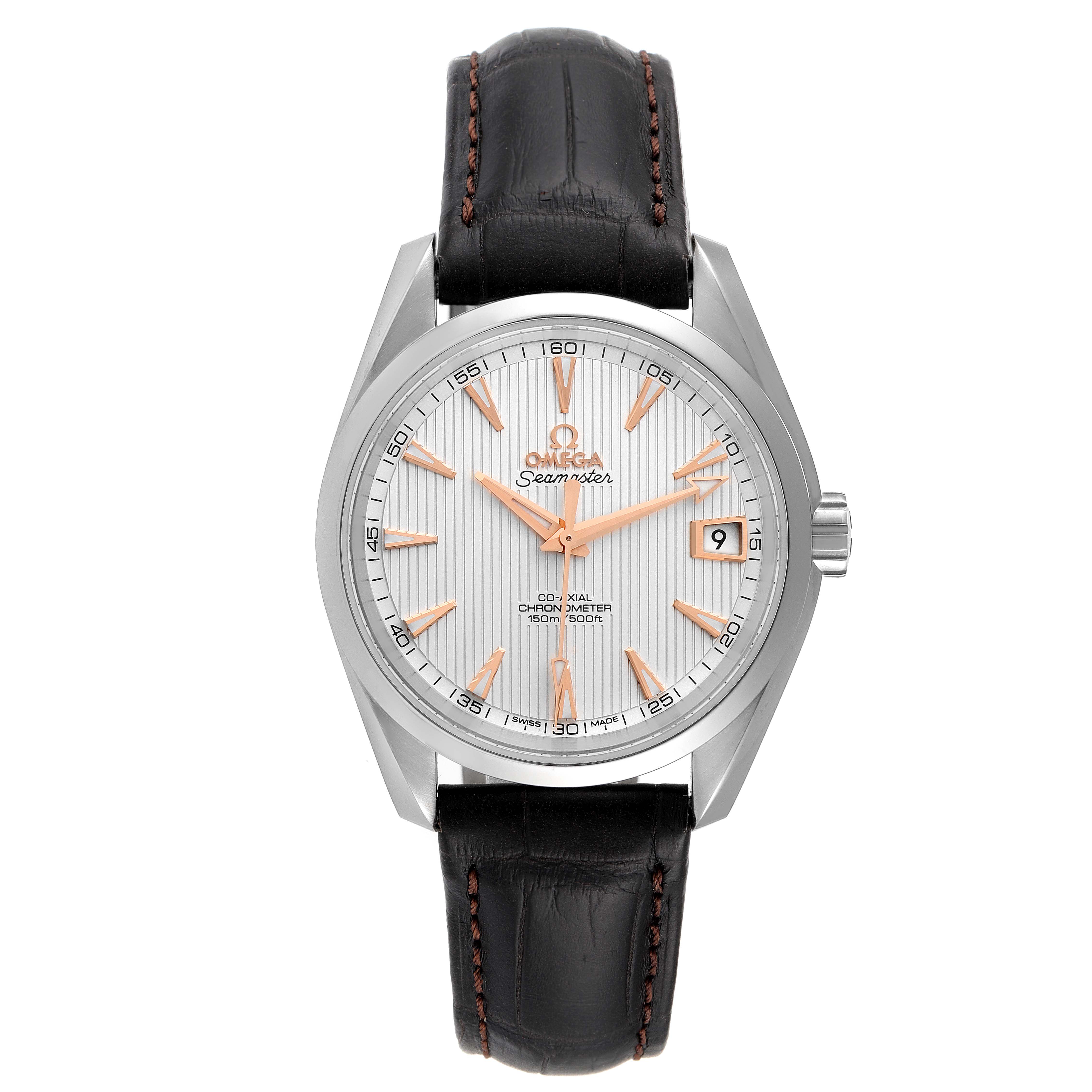 The image shows a front view of the Omega Aqua Terra 231.13.39.21.02.002 Men
s Stainless Steel Silver Dial 231.13.39.21.02.002 Men
s Stainless Steel Silver Dial watch, displaying its dial, case, crown, and leather strap.