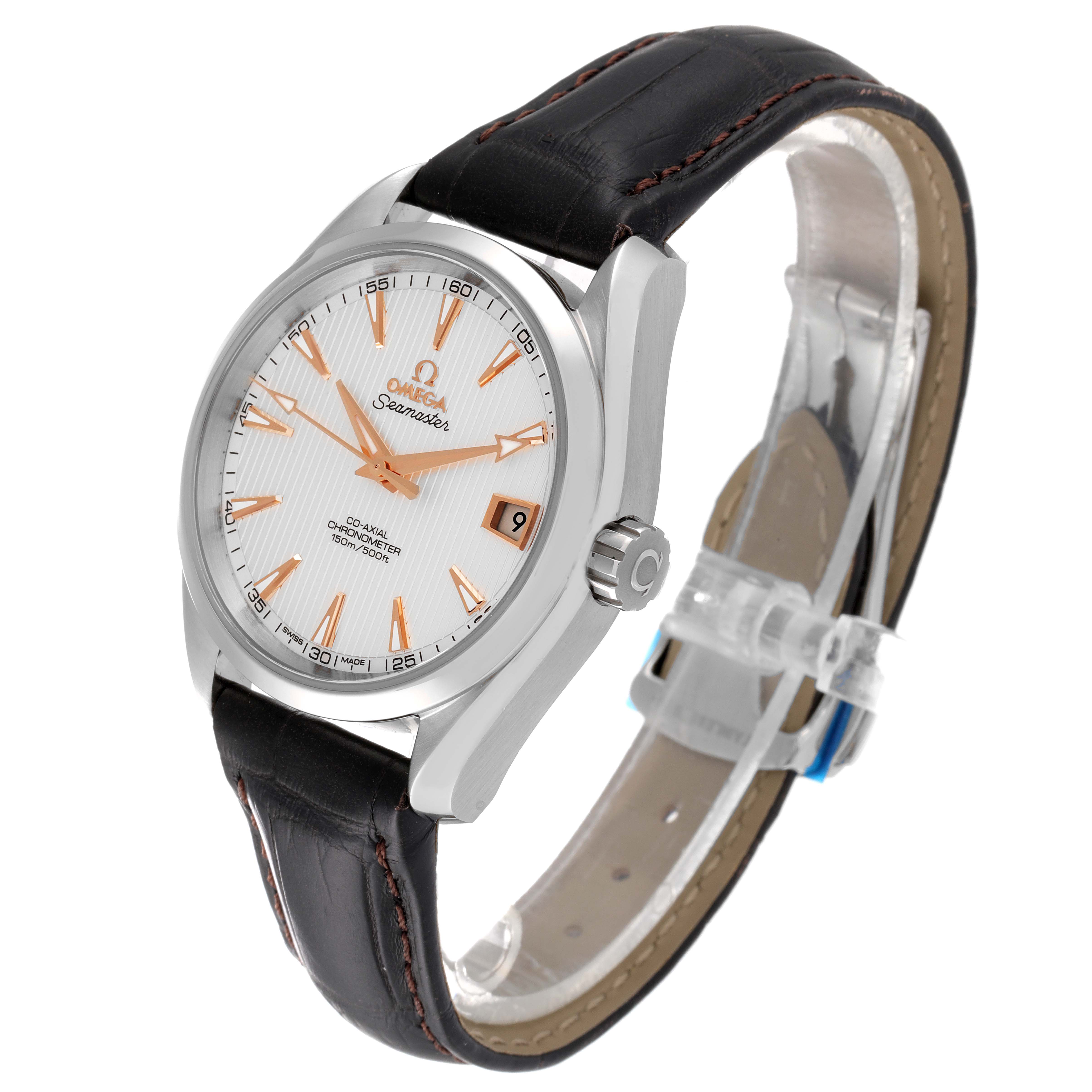 The Omega Aqua Terra 231.13.39.21.02.002 Men
s Stainless Steel Silver Dial 231.13.39.21.02.002 Men
s Stainless Steel Silver Dial watch is shown at a slight angle, highlighting its face, crown, and leather strap.