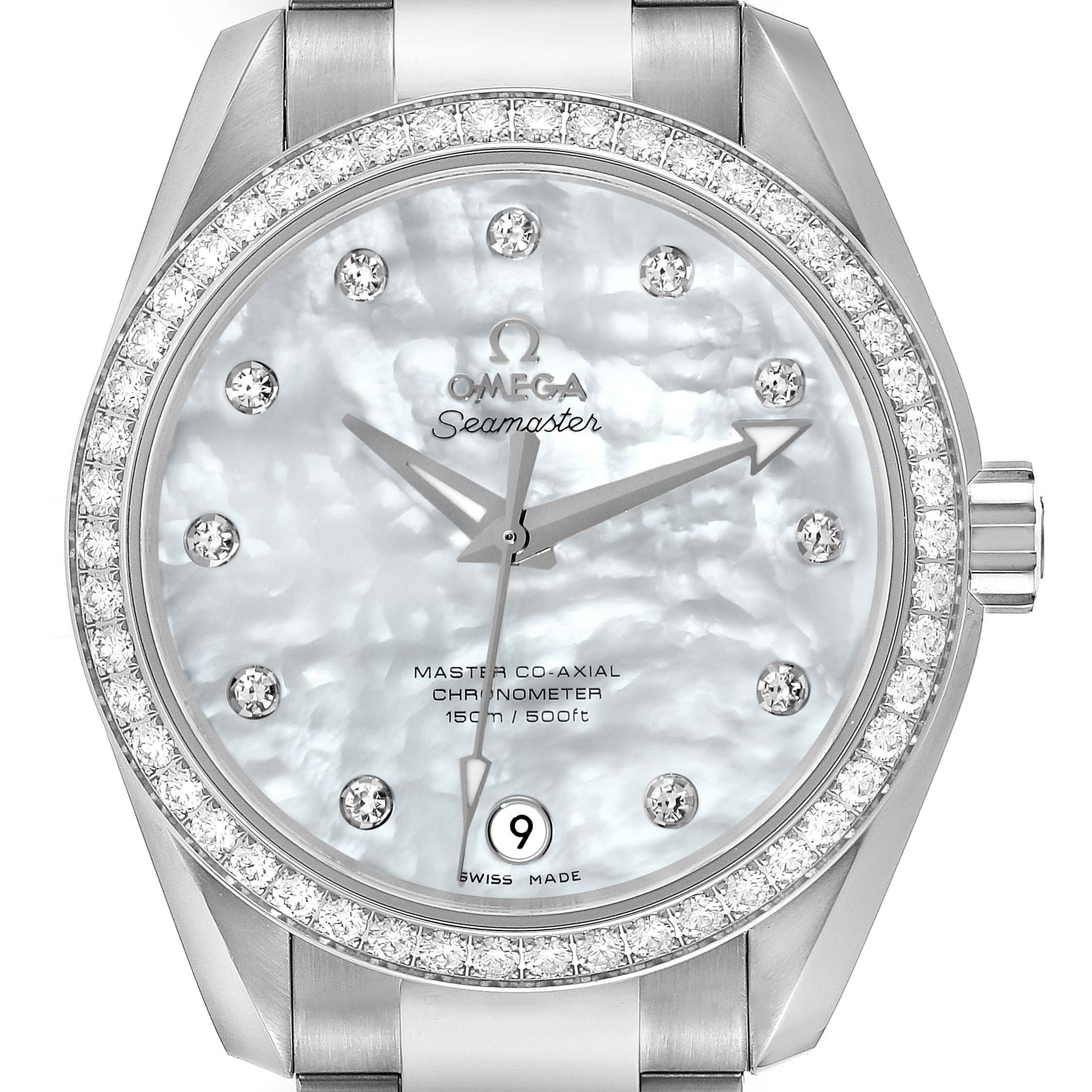 This image shows a frontal view of the Omega 231.15.39.21.55.001 Women's Stainless Steel Mother of Pearl Dial 231.15.39.21.55.001 Women's Stainless Steel Mother of Pearl Dial Aqua Terra Mother Of Pearl Dial Diamond Steel Ladies Watch model 231.15.39.21.55.001.
