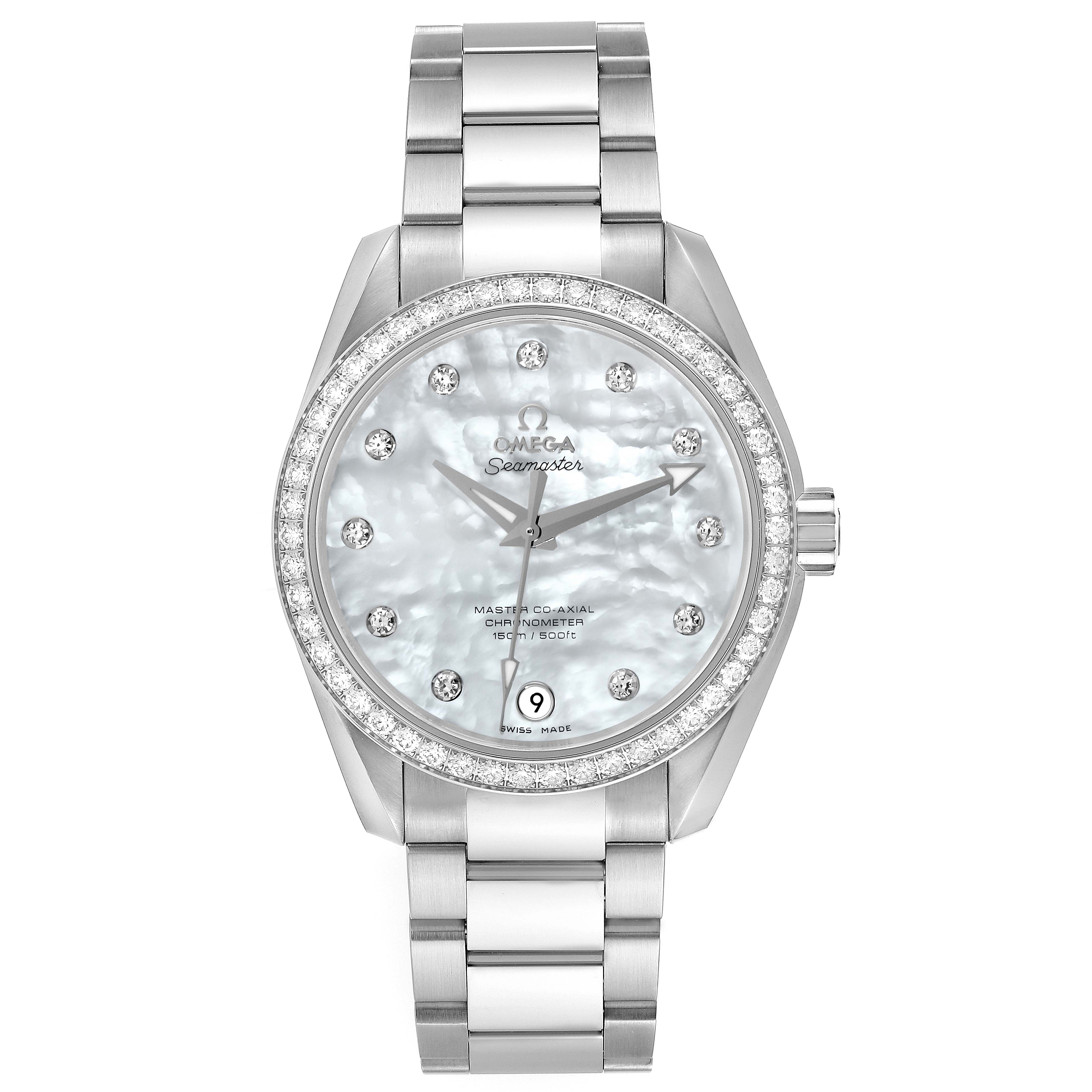 The image shows a front view of the Omega 231.15.39.21.55.001 Women's Stainless Steel Mother of Pearl Dial 231.15.39.21.55.001 Women's Stainless Steel Mother of Pearl Dial Aqua Terra Mother Of Pearl Dial Diamond Steel Ladies Watch, model 231.15.39.21.55.001.