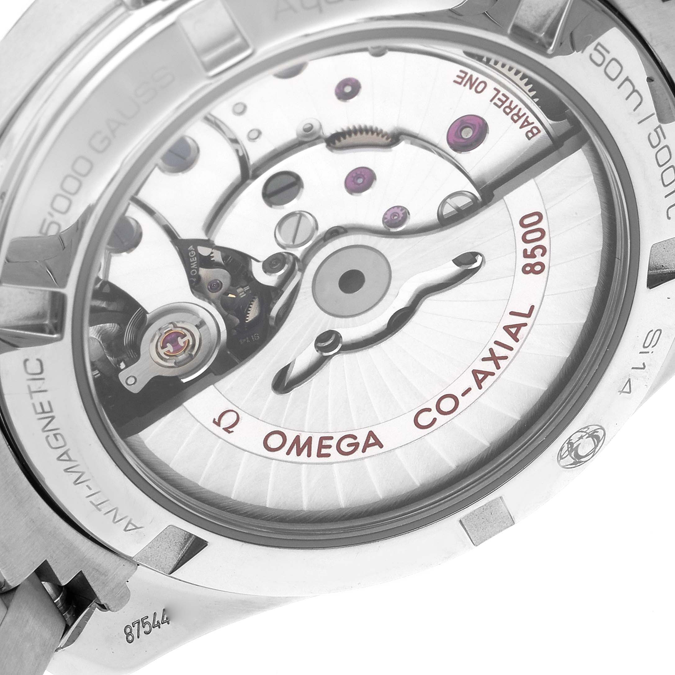 The image shows the back of the Omega 231.15.39.21.55.001 Women's Stainless Steel Mother of Pearl Dial 231.15.39.21.55.001 Women's Stainless Steel Mother of Pearl Dial Aqua Terra 231.15.39.21.55.001 watch, highlighting its Co-Axial movement mechanism.