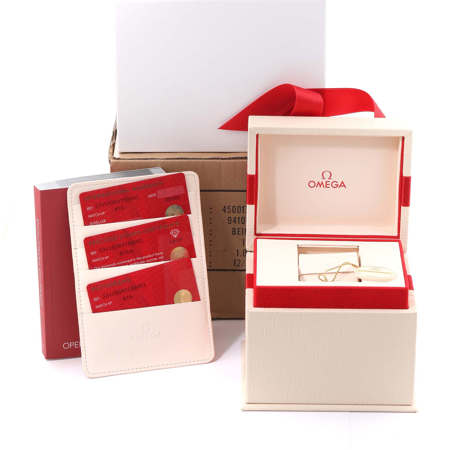 The image shows the box and accessories for the Omega 231.15.39.21.55.001 Women's Stainless Steel Mother of Pearl Dial 231.15.39.21.55.001 Women's Stainless Steel Mother of Pearl Dial Aqua Terra Mother Of Pearl Dial Diamond Steel Ladies Watch 231.15.39.21.55.001.