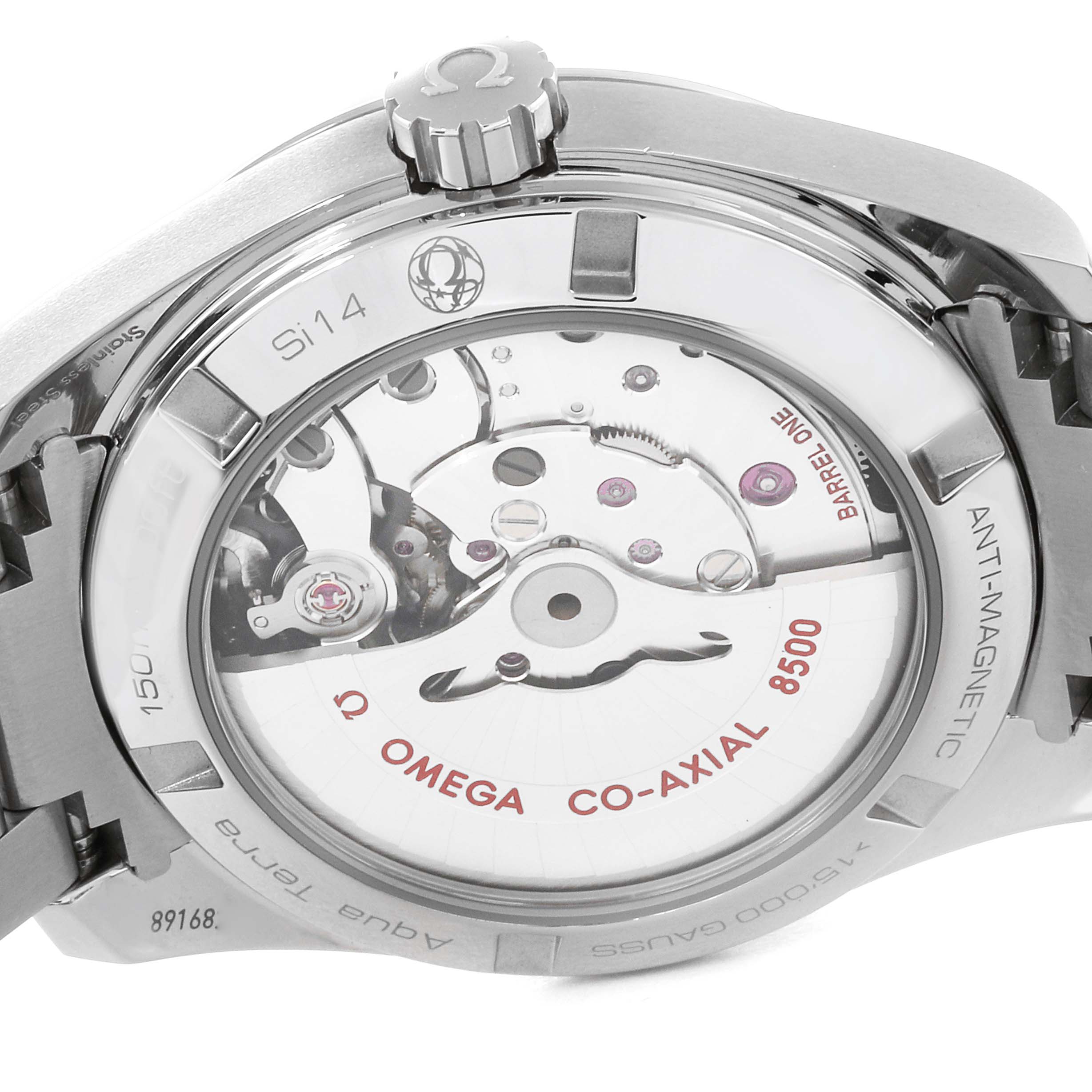 The image shows the back case of the Omega 231.15.39.21.55.001 Women's Stainless Steel Mother of Pearl Dial 231.15.39.21.55.001 Women's Stainless Steel Mother of Pearl Dial Aqua Terra watch, revealing the internal co-axial 8500 movement.