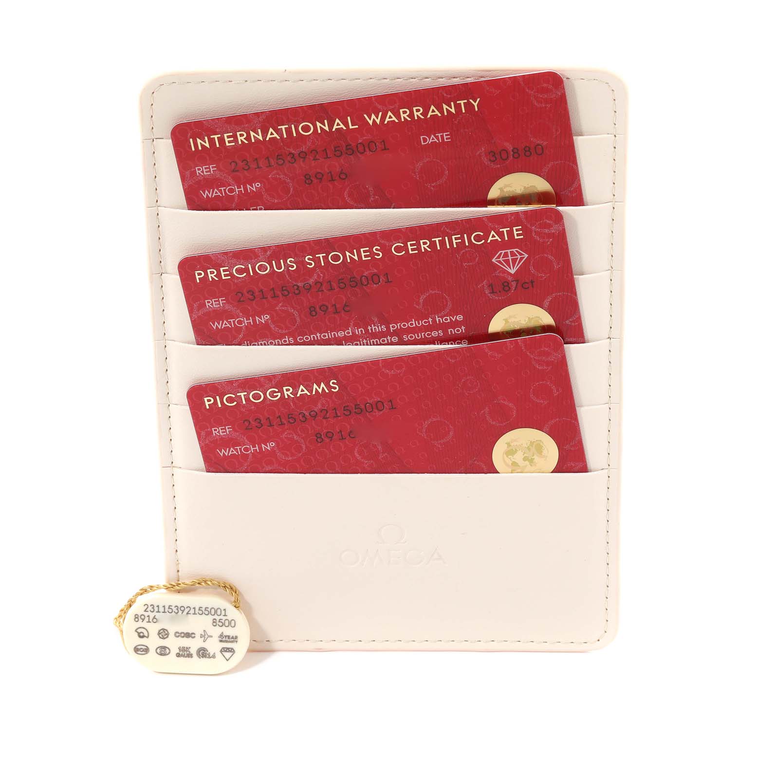 The image shows the warranty cards and certificates for the Omega 231.15.39.21.55.001 Women's Stainless Steel Mother of Pearl Dial 231.15.39.21.55.001 Women's Stainless Steel Mother of Pearl Dial Aqua Terra watch placed in a white cardholder.