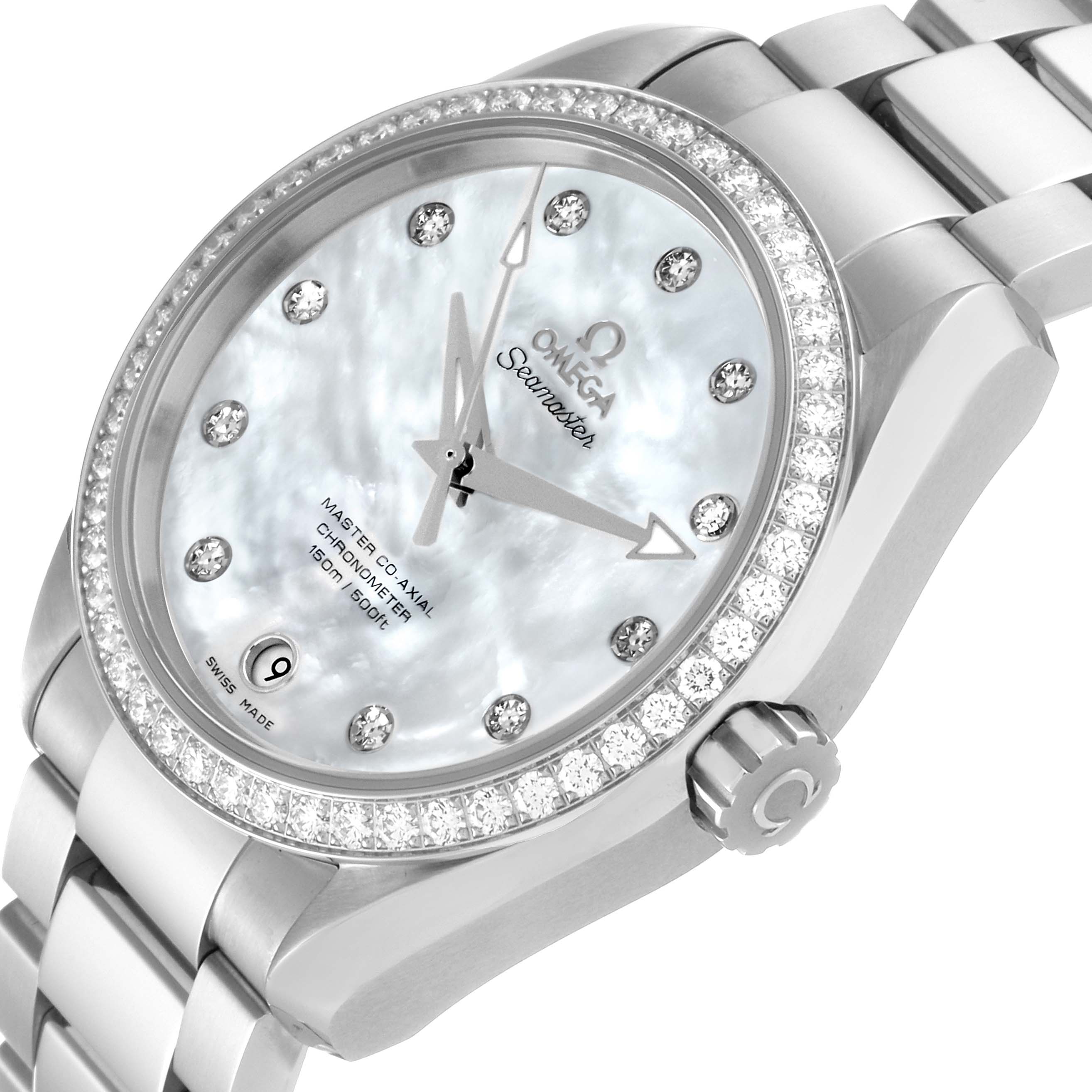 The Omega 231.15.39.21.55.001 Women's Stainless Steel Mother of Pearl Dial 231.15.39.21.55.001 Women's Stainless Steel Mother of Pearl Dial Aqua Terra watch is shown from an angle highlighting the dial, bezel, crown, and part of the bracelet.