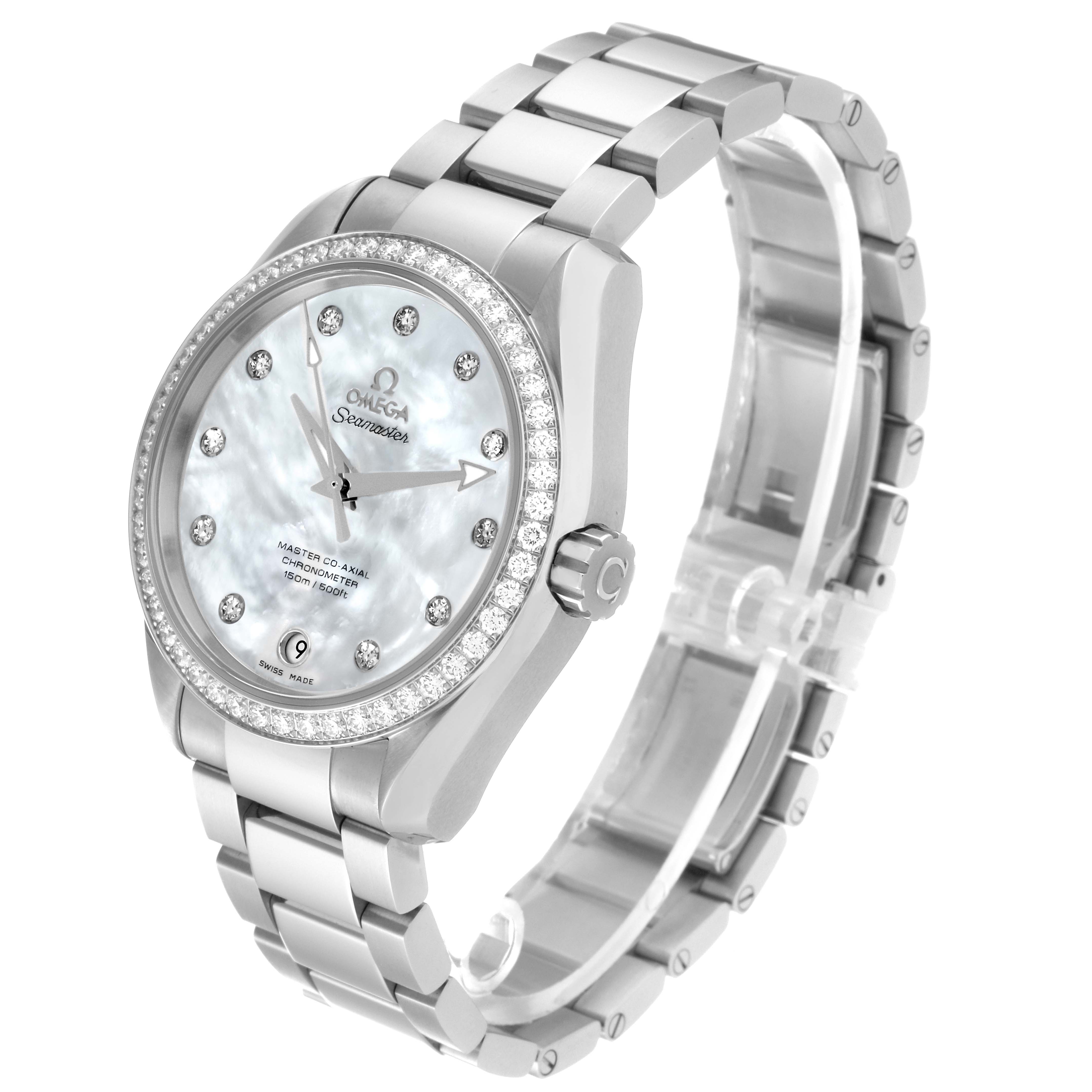 The Omega 231.15.39.21.55.001 Women's Stainless Steel Mother of Pearl Dial 231.15.39.21.55.001 Women's Stainless Steel Mother of Pearl Dial Aqua Terra watch is shown at a three-quarter angle, displaying the face, bezel, bracelet, and crown.