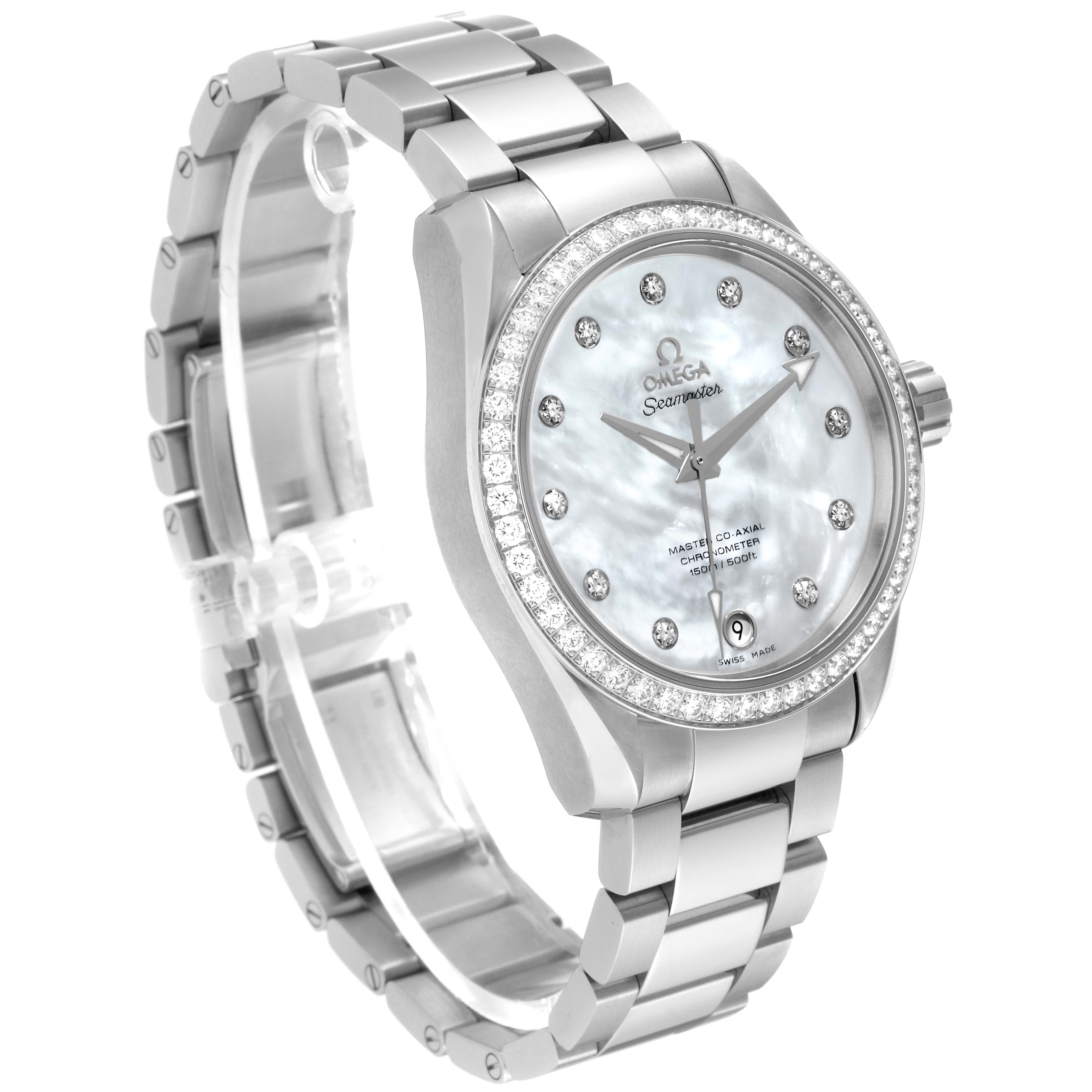 The image shows an angled view of the Omega 231.15.39.21.55.001 Women's Stainless Steel Mother of Pearl Dial 231.15.39.21.55.001 Women's Stainless Steel Mother of Pearl Dial Aqua Terra watch, highlighting the face, bezel, and bracelet.