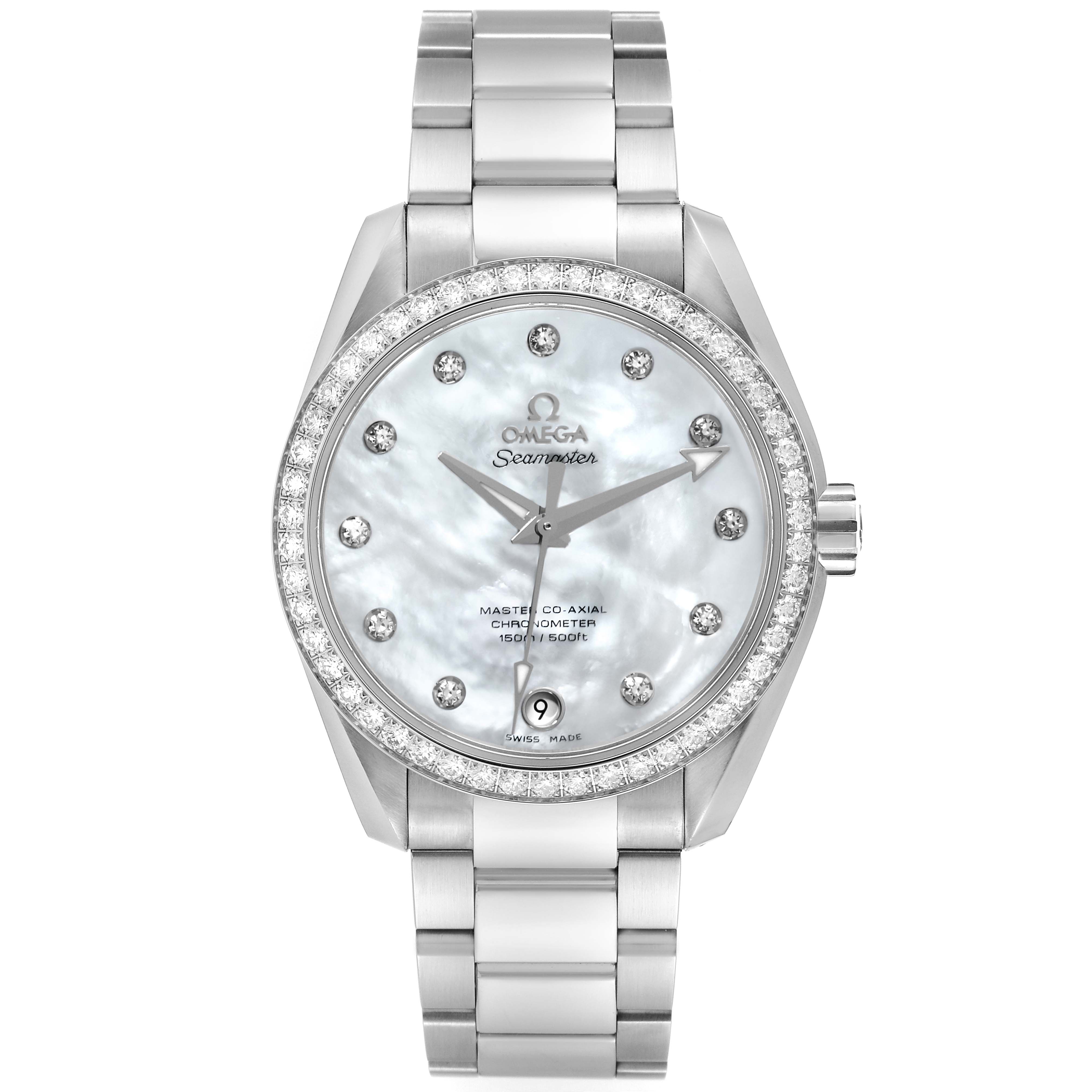 The image shows a frontal view of an Omega 231.15.39.21.55.001 Women's Stainless Steel Mother of Pearl Dial 231.15.39.21.55.001 Women's Stainless Steel Mother of Pearl Dial Aqua Terra watch featuring its dial, bezel, and bracelet.