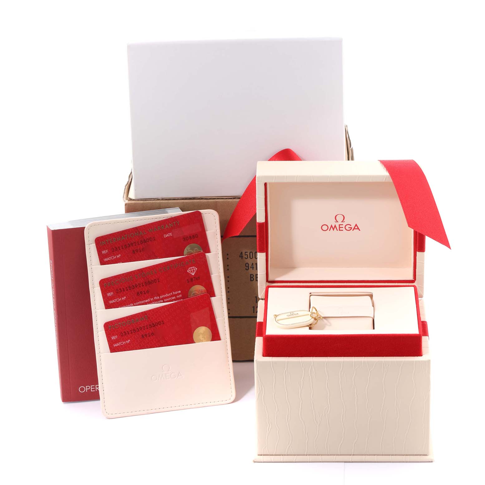 The image shows the packaging, warranty cards, and accessories for an Omega 231.15.39.21.55.001 Women's Stainless Steel Mother of Pearl Dial 231.15.39.21.55.001 Women's Stainless Steel Mother of Pearl Dial Aqua Terra model.