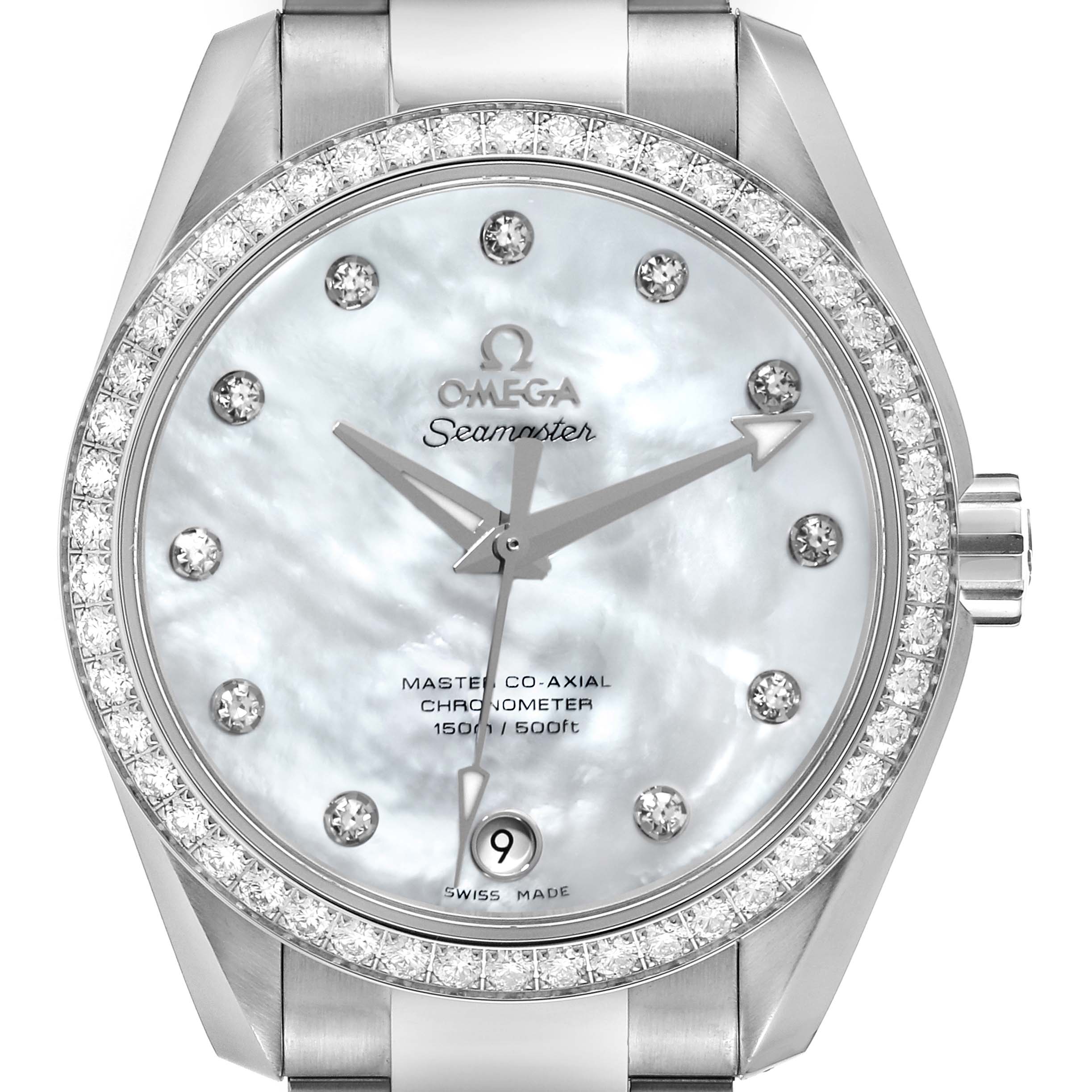 The Omega 231.15.39.21.55.001 Women's Stainless Steel Mother of Pearl Dial 231.15.39.21.55.001 Women's Stainless Steel Mother of Pearl Dial Aqua Terra 231.15.39.21.55.001 watch is shown from a front angle, highlighting its mother-of-pearl dial, diamond indices, and steel casing.