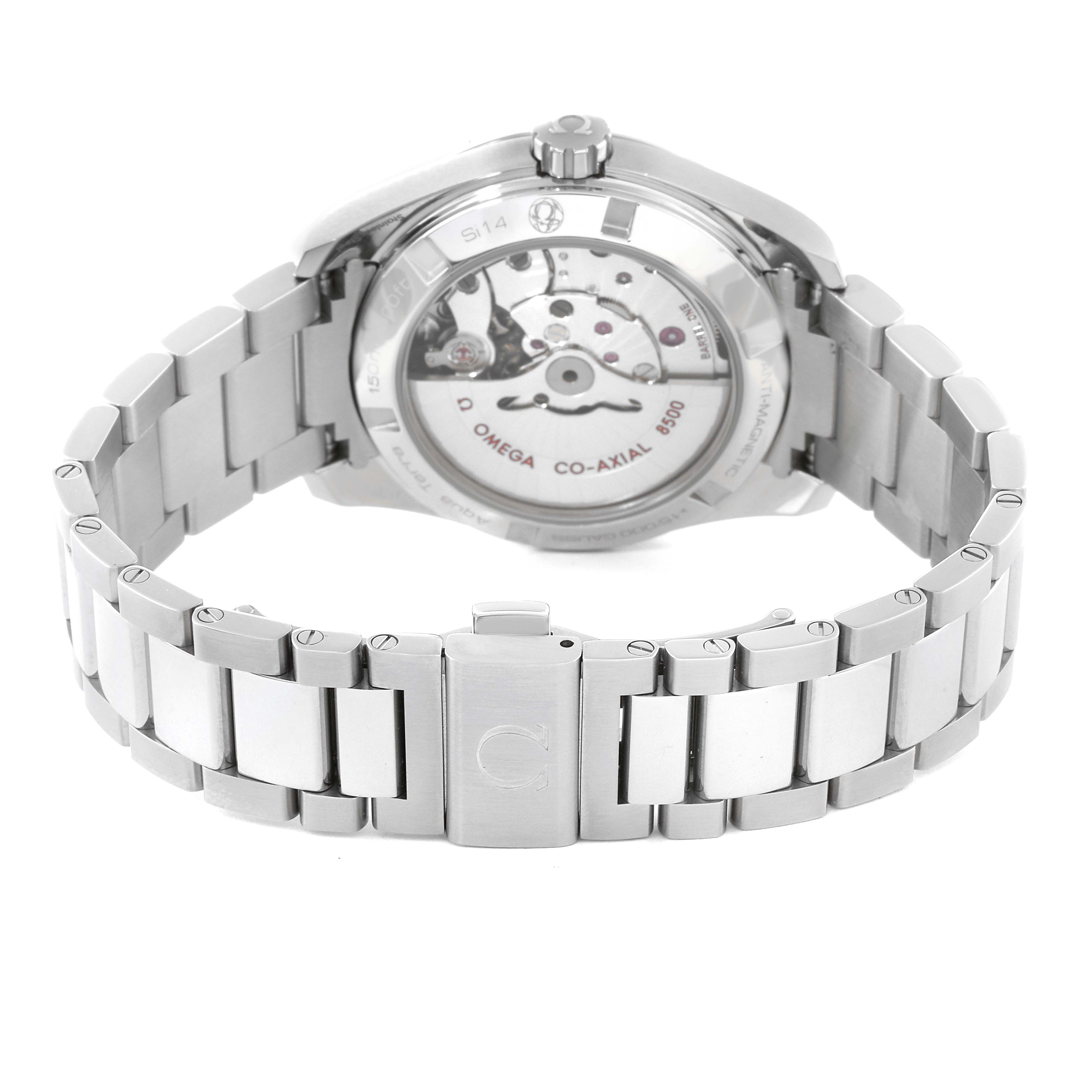 This image shows the back view of the Omega 231.15.39.21.55.001 Women's Stainless Steel Mother of Pearl Dial 231.15.39.21.55.001 Women's Stainless Steel Mother of Pearl Dial Aqua Terra model, highlighting its clasp and visible mechanical movement.