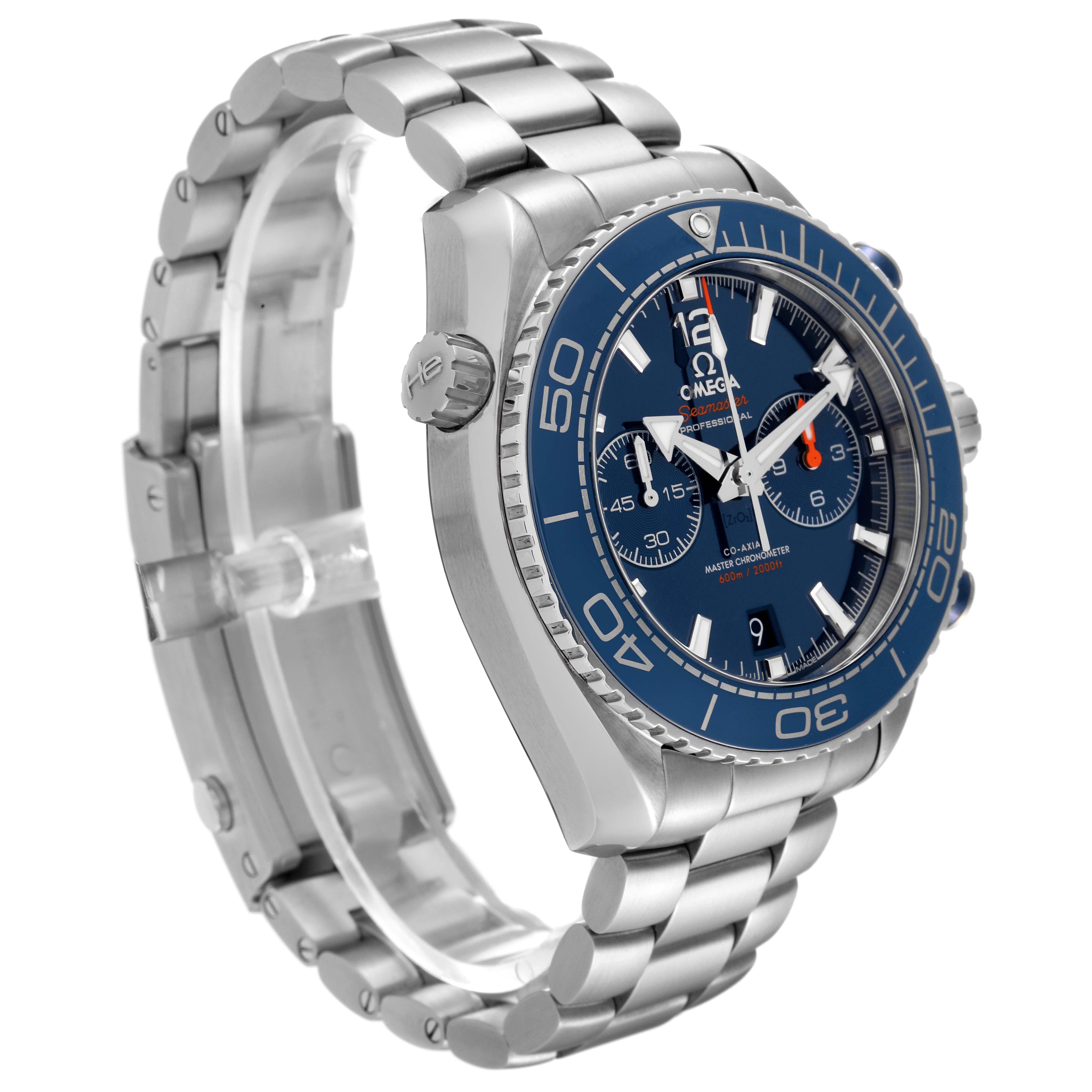 The image shows a side and angled view of the Omega Planet Ocean 215.30.46.51.03.001 Men's Stainless Steel Blue Dial 215.30.46.51.03.001 Men's Stainless Steel Blue Dial watch, highlighting its blue bezel, silver band, and dial features.