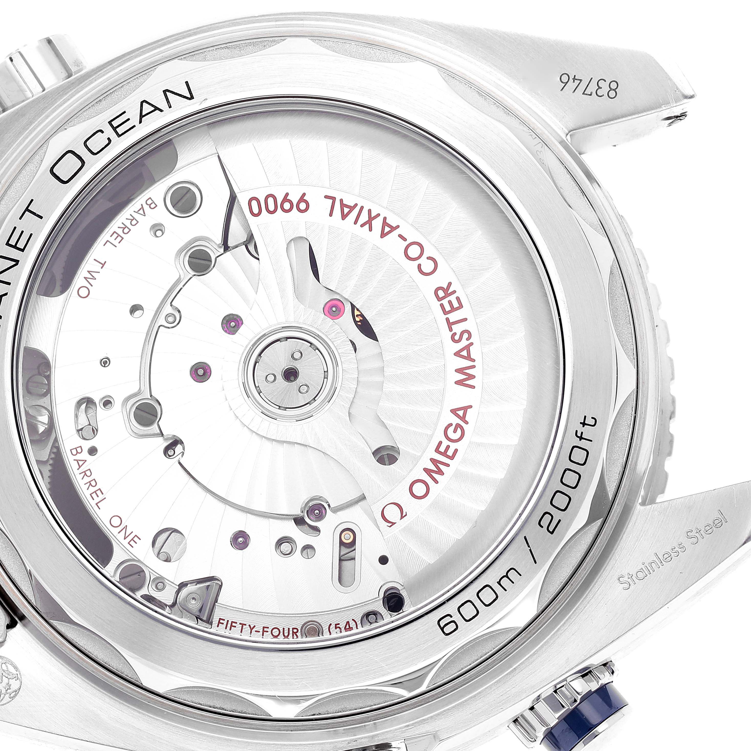 The image shows the back case and internal mechanism of an Omega Planet Ocean 215.30.46.51.03.001 Men's Stainless Steel Blue Dial 215.30.46.51.03.001 Men's Stainless Steel Blue Dial watch, displaying "Omega Master Co-Axial 9900."