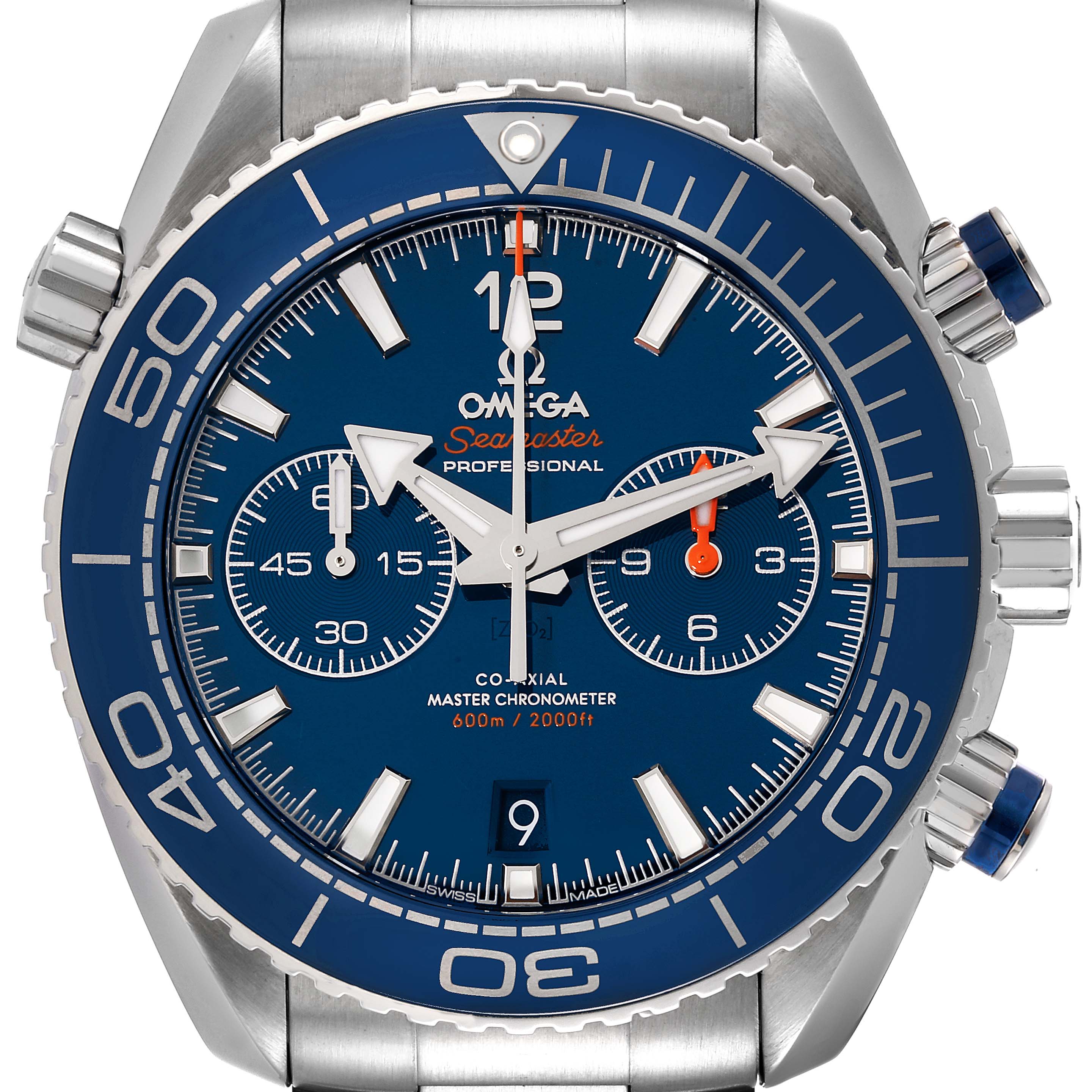 The image shows a close-up front view of the Omega Planet Ocean 215.30.46.51.03.001 Men's Stainless Steel Blue Dial 215.30.46.51.03.001 Men's Stainless Steel Blue Dial watch face, showcasing the dial, bezel, and chronograph subdials.
