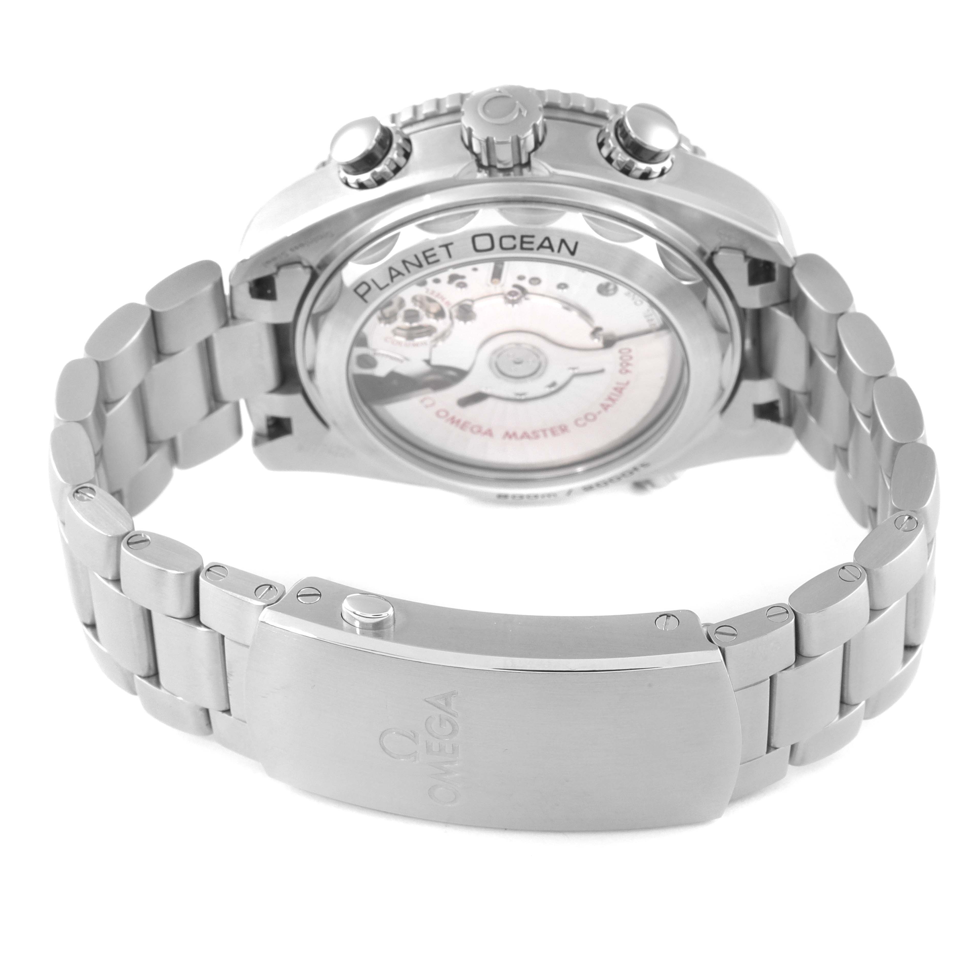 The image shows the back view of the Omega Planet Ocean 215.30.46.51.01.002 Men's Stainless Steel Black Dial 215.30.46.51.01.002 Men's Stainless Steel Black Dial watch, highlighting the movement mechanism and the bracelet.