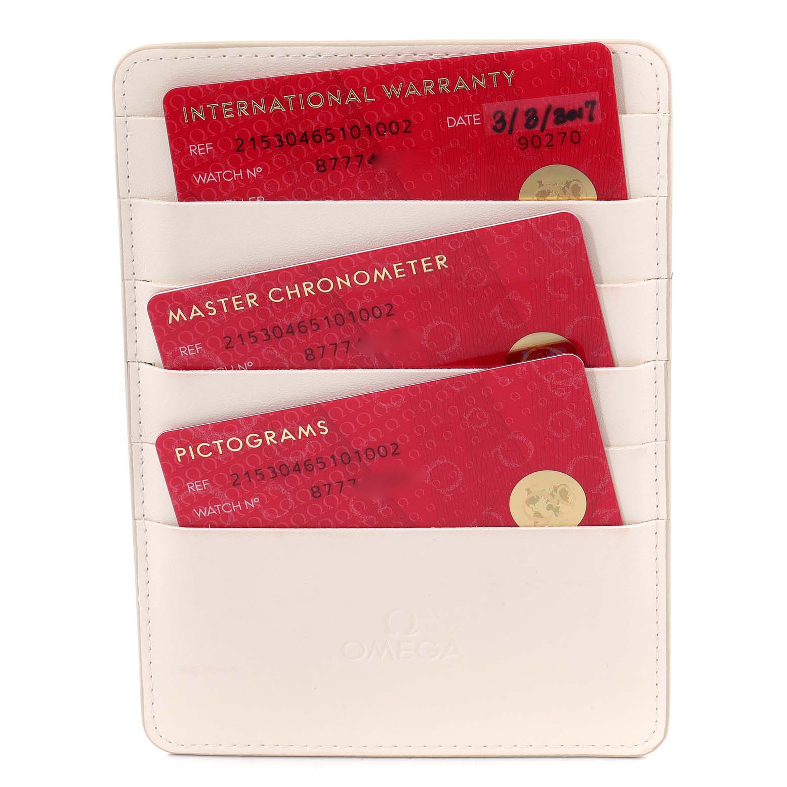 The image shows a white Omega cardholder with three cards for the Planet Ocean model, including warranty, chronometer, and pictograms.