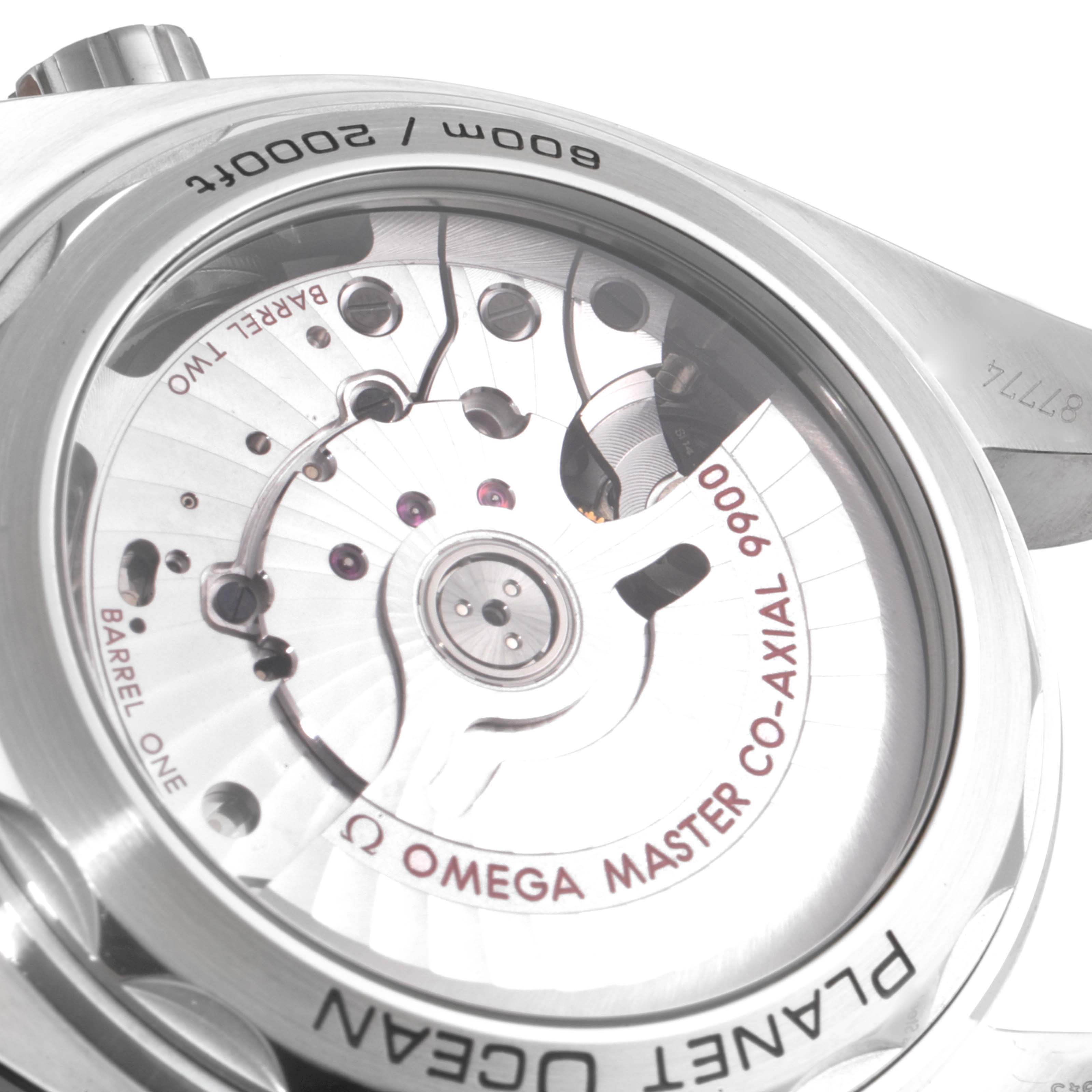 The image shows the back case of the Omega Planet Ocean 215.30.46.51.01.002 Men's Stainless Steel Black Dial 215.30.46.51.01.002 Men's Stainless Steel Black Dial watch, highlighting its co-axial movement mechanism.