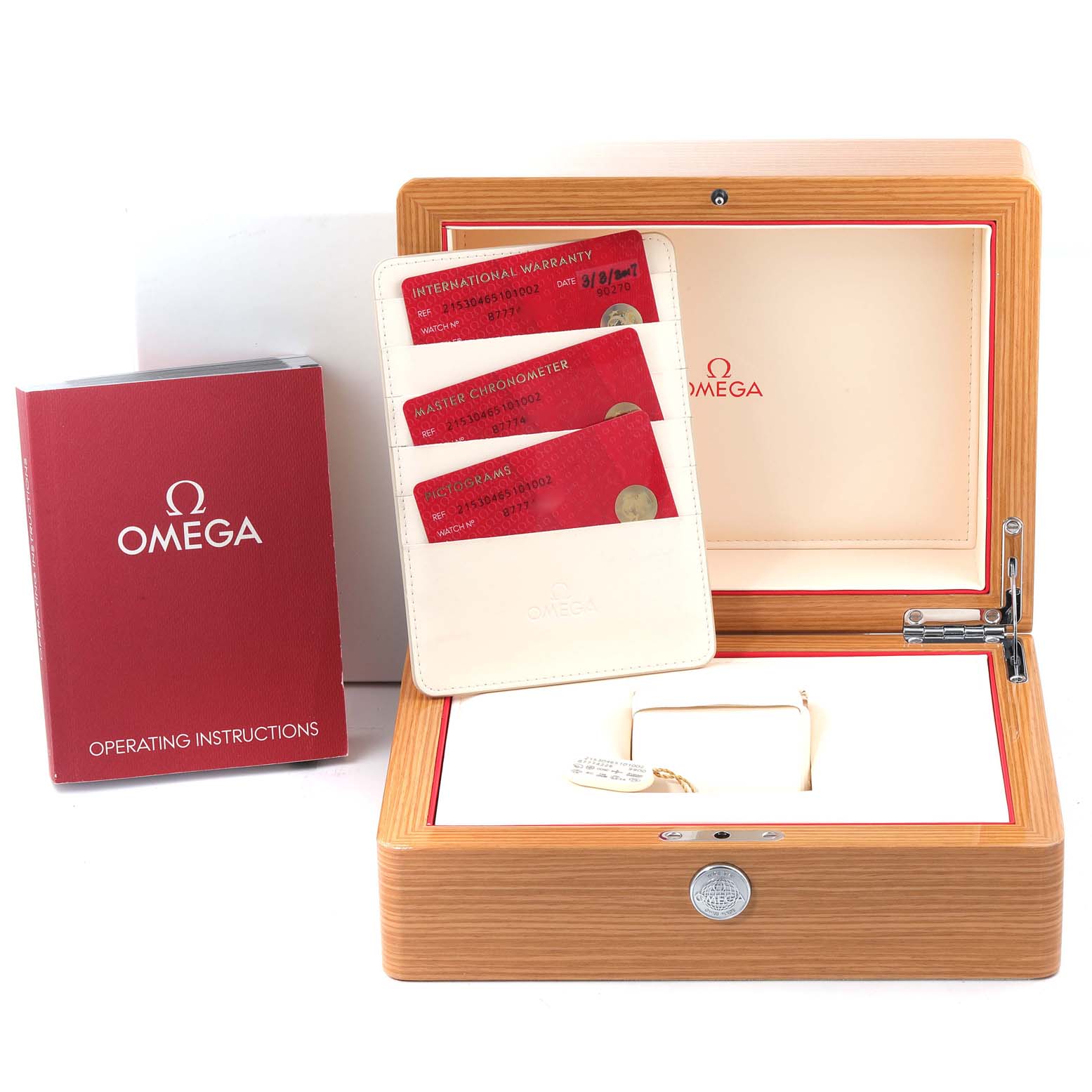 The image shows the Omega Planet Ocean 215.30.46.51.01.002 Men's Stainless Steel Black Dial 215.30.46.51.01.002 Men's Stainless Steel Black Dial watch packaging, warranty cards, operating instructions, and the display box.