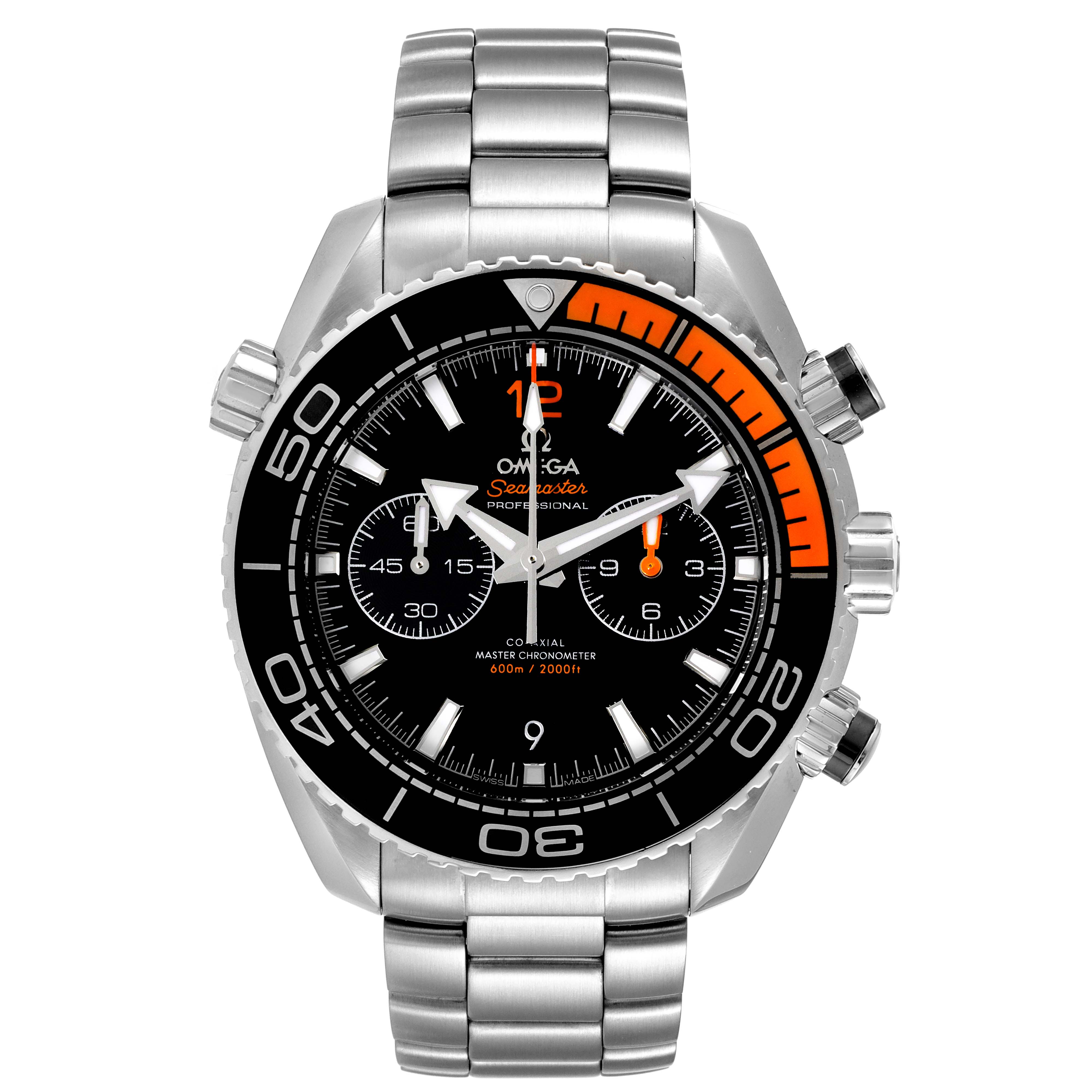 This image shows the front view of the Omega Seamaster Planet Ocean watch with a stainless steel bracelet.