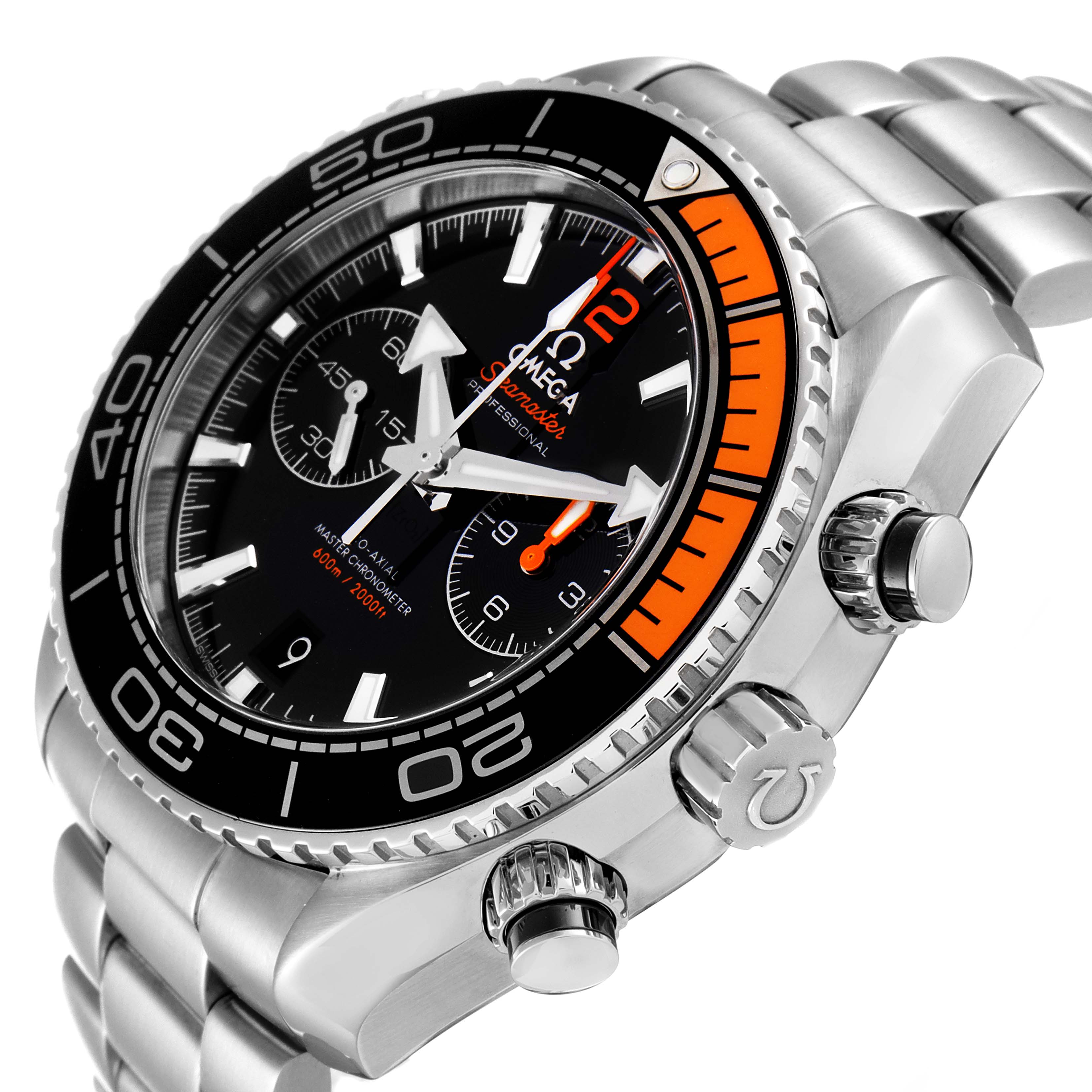 The image shows an angled close-up of the Omega Planet Ocean 215.30.46.51.01.002 Men's Stainless Steel Black Dial 215.30.46.51.01.002 Men's Stainless Steel Black Dial watch, highlighting its bezel, dial, chronograph buttons, and stainless-steel bracelet.