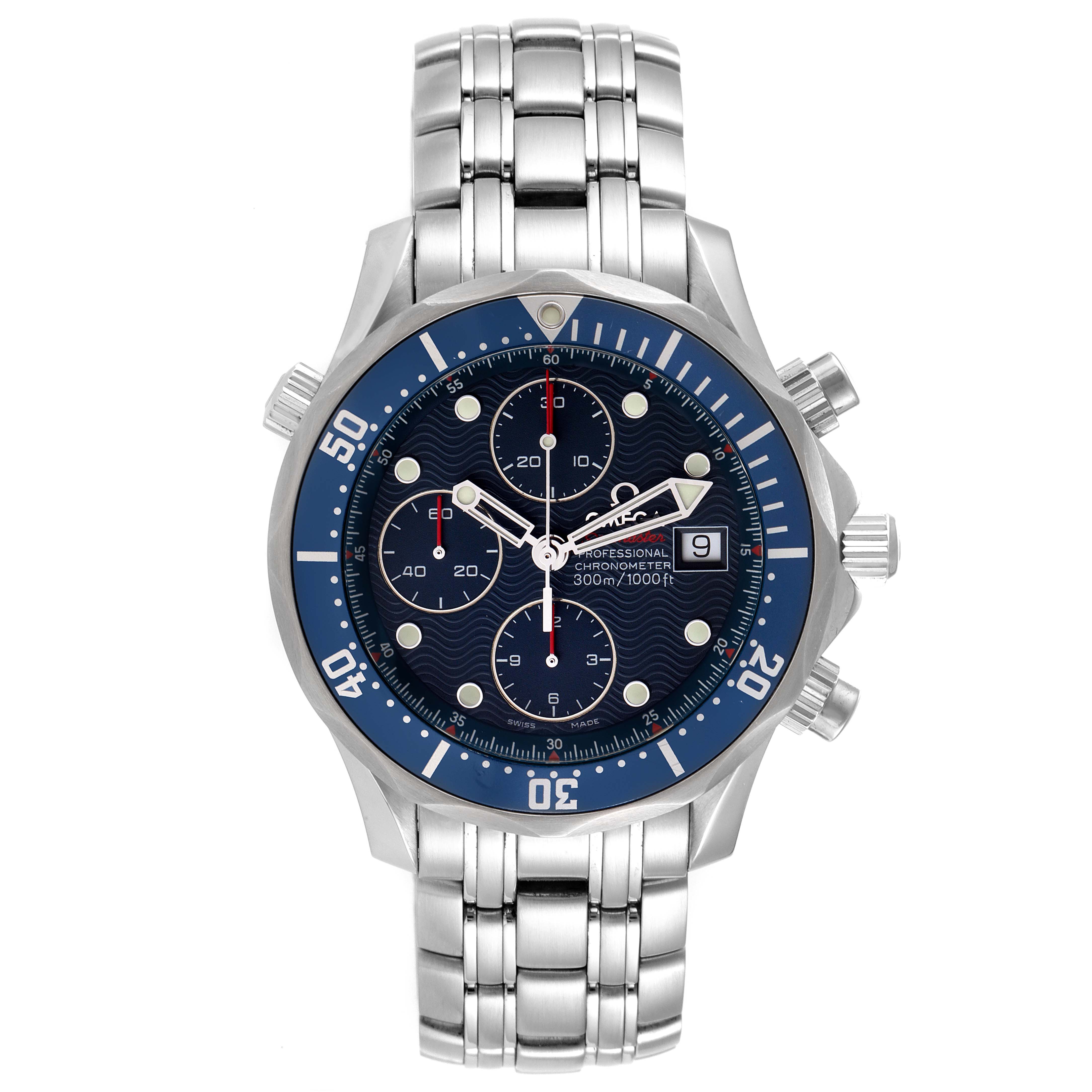 The image shows a front view of an Omega Seamaster 2225.80.00 Men's Stainless Steel Blue Dial 2225.80.00 Men's Stainless Steel Blue Dial watch with a stainless steel band and blue dial.