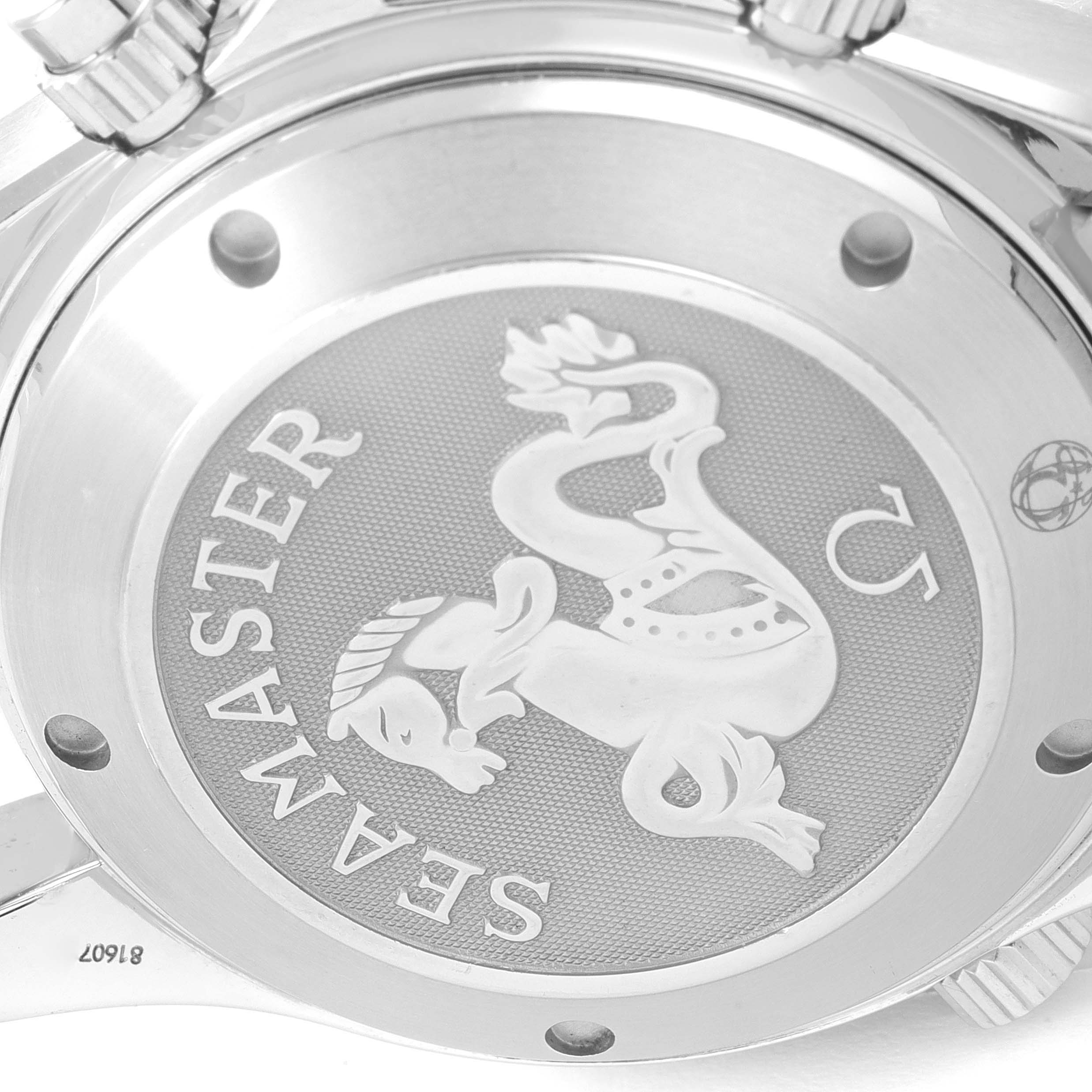 This image shows the case back of an Omega Seamaster 2225.80.00 Men's Stainless Steel Blue Dial 2225.80.00 Men's Stainless Steel Blue Dial watch, featuring the engraved logo and the word "SEAMASTER."