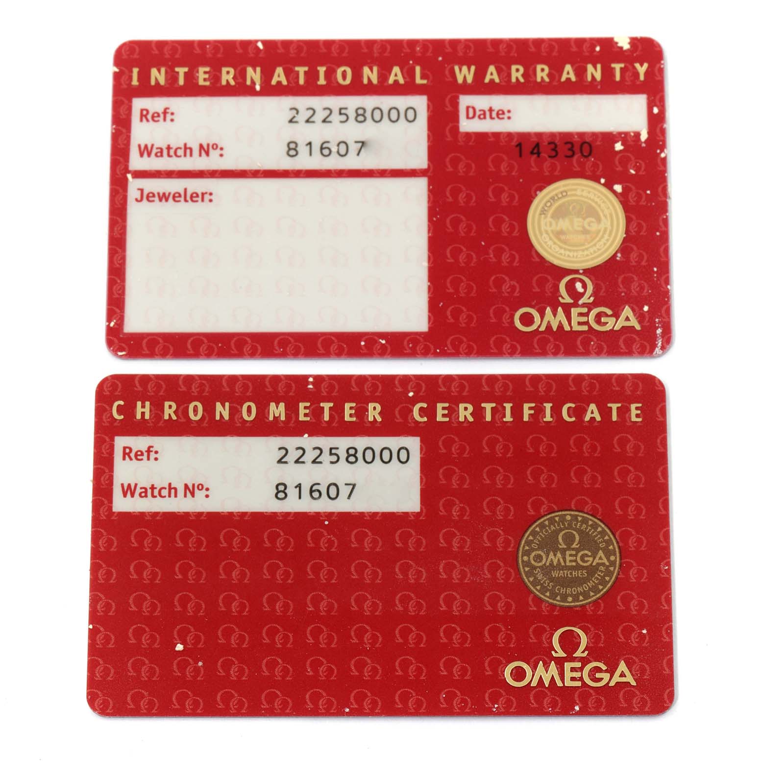 The image shows International Warranty and Chronometer Certificate cards for the Omega Seamaster 2225.80.00 Men's Stainless Steel Blue Dial 2225.80.00 Men's Stainless Steel Blue Dial watch.