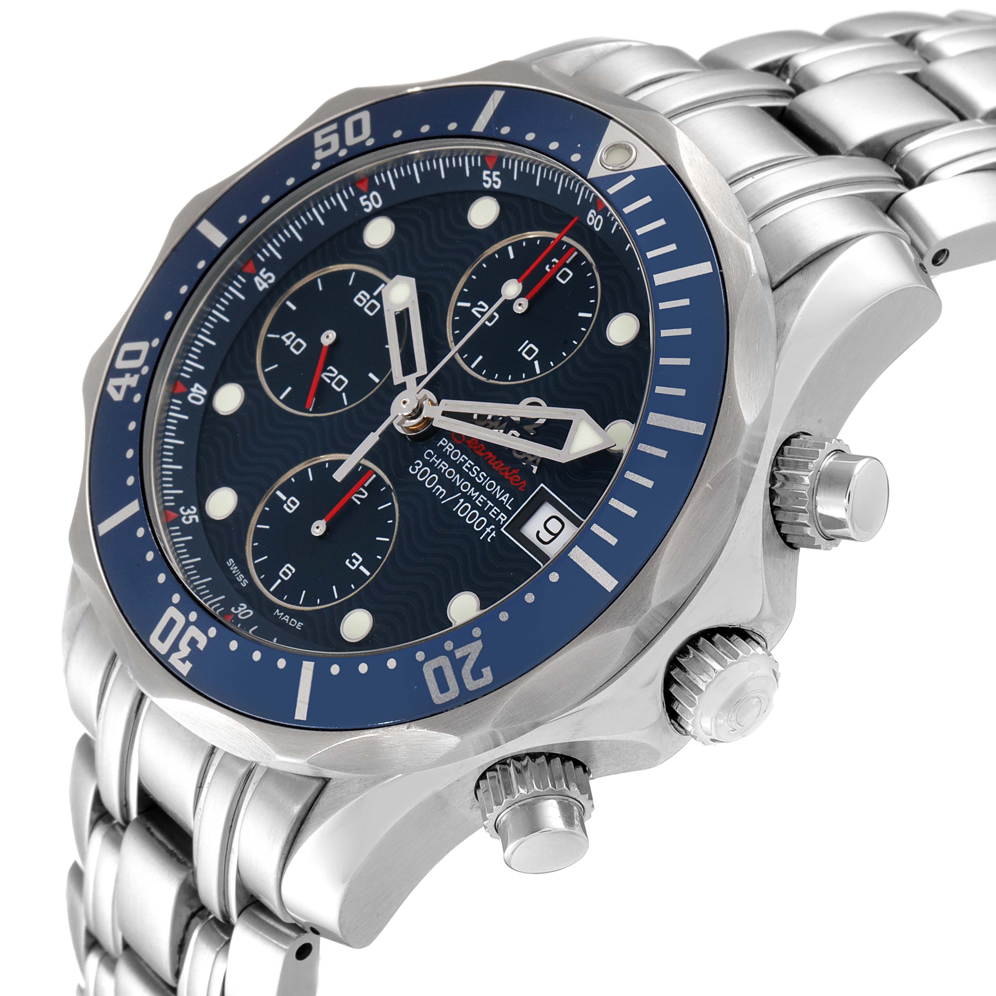 The image shows a close-up angle of an Omega Seamaster 2225.80.00 Men's Stainless Steel Blue Dial 2225.80.00 Men's Stainless Steel Blue Dial watch highlighting its blue bezel, chronograph dials, crown, and stainless steel bracelet.