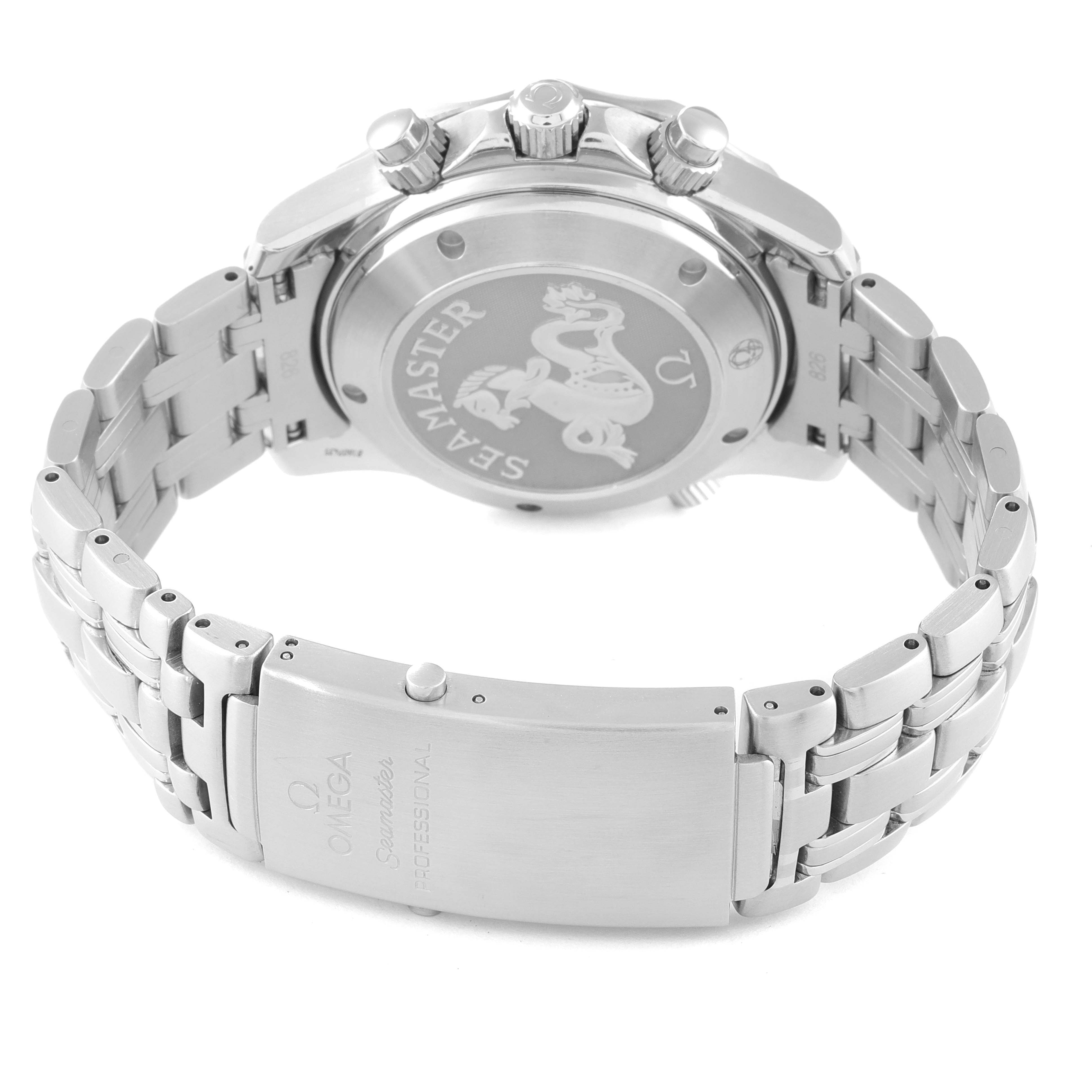 This image shows the Omega Seamaster 2225.80.00 Men's Stainless Steel Blue Dial 2225.80.00 Men's Stainless Steel Blue Dial watch from the back, highlighting its case back, crown, pushers, and bracelet clasp.