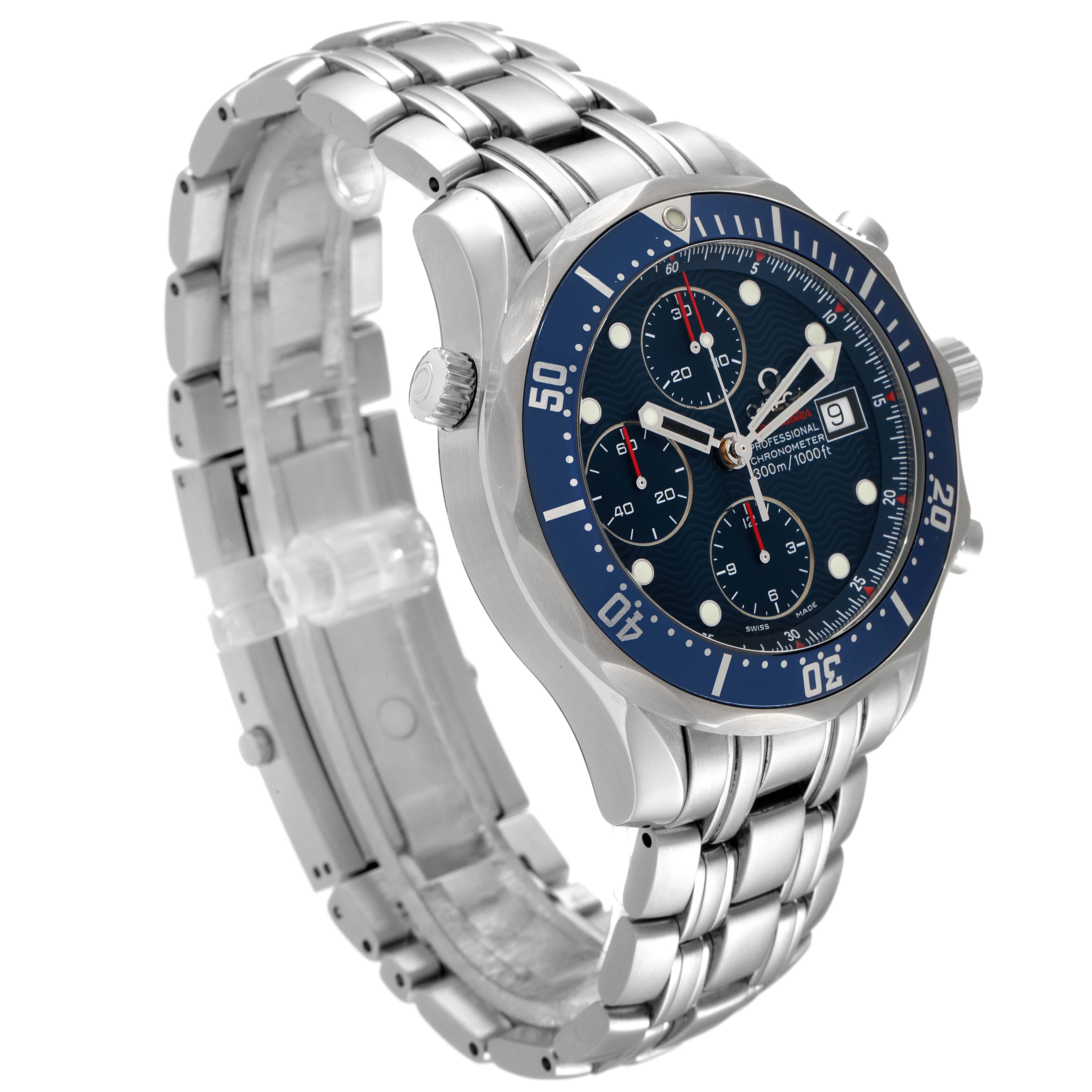 The Omega Seamaster 2225.80.00 Men's Stainless Steel Blue Dial 2225.80.00 Men's Stainless Steel Blue Dial watch is shown at a three-quarter angle, highlighting its blue dial, chronograph subdials, and stainless steel bracelet.