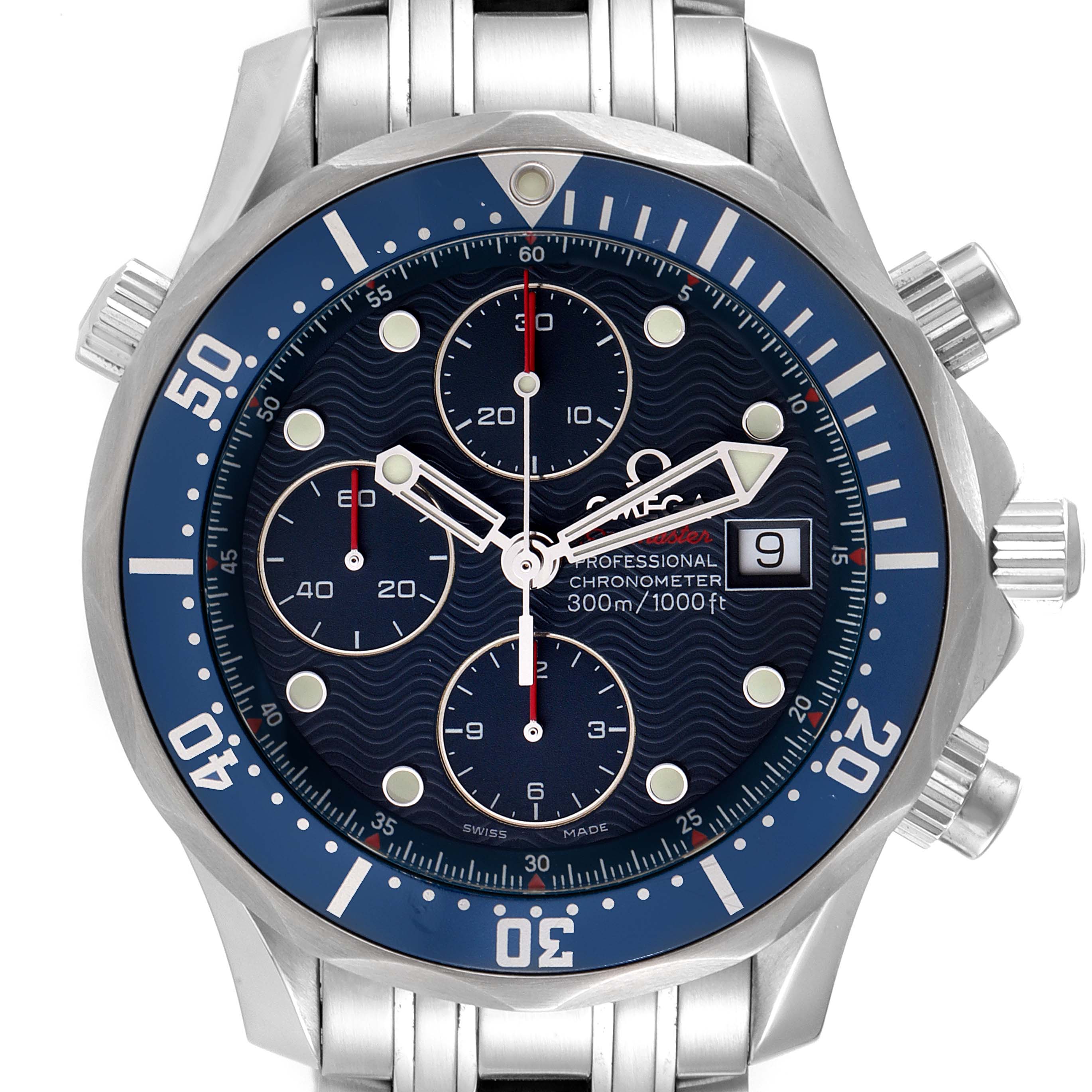 The Omega Seamaster 2225.80.00 Men's Stainless Steel Blue Dial 2225.80.00 Men's Stainless Steel Blue Dial watch is shown from a front angle, displaying the face, bezel, buttons, and part of the bracelet.