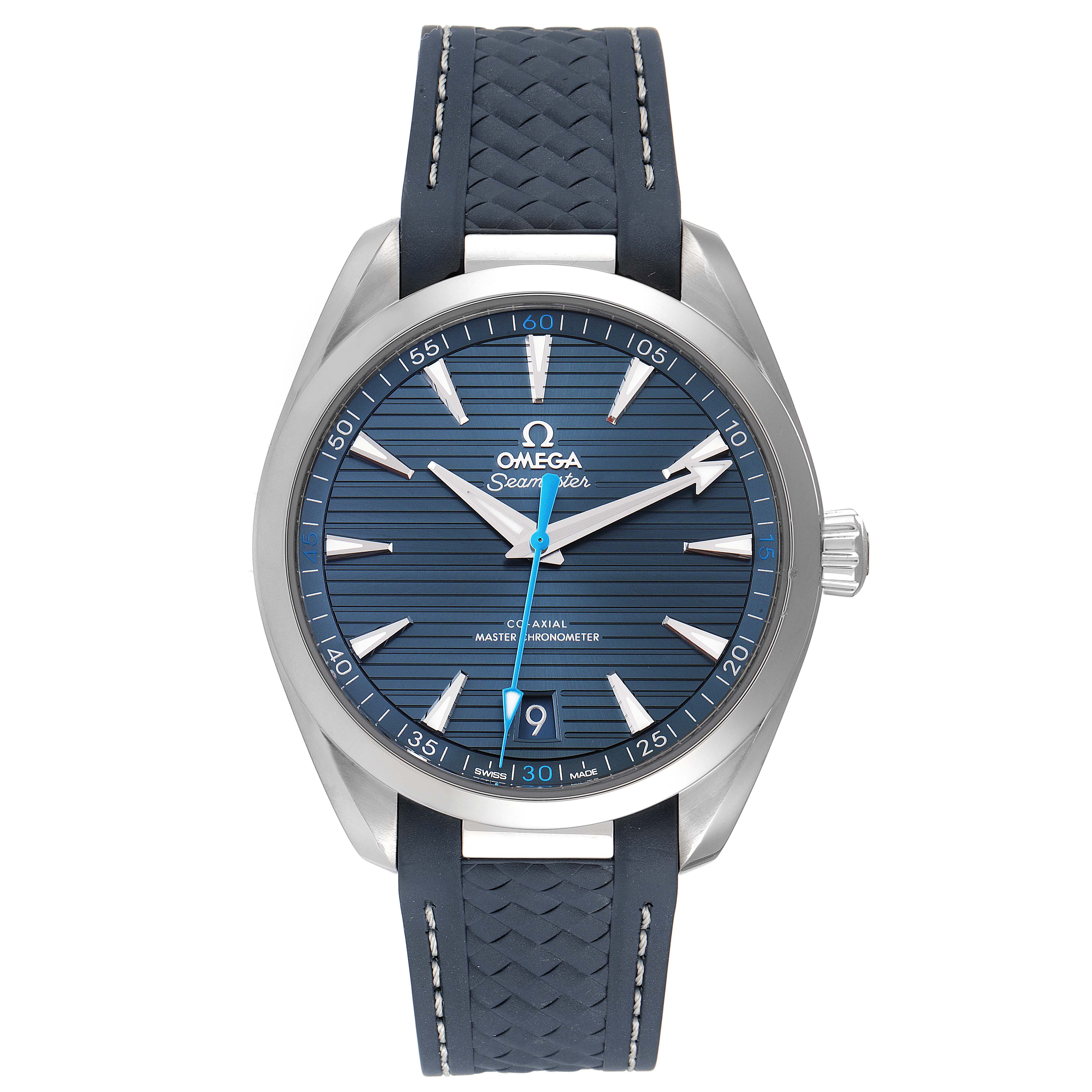 This image shows the front view of the Omega Aqua Terra 220.12.41.21.03.002 Men
s Stainless Steel Blue Dial 220.12.41.21.03.002 Men
s Stainless Steel Blue Dial watch, featuring its face, dial, hands, and strap.