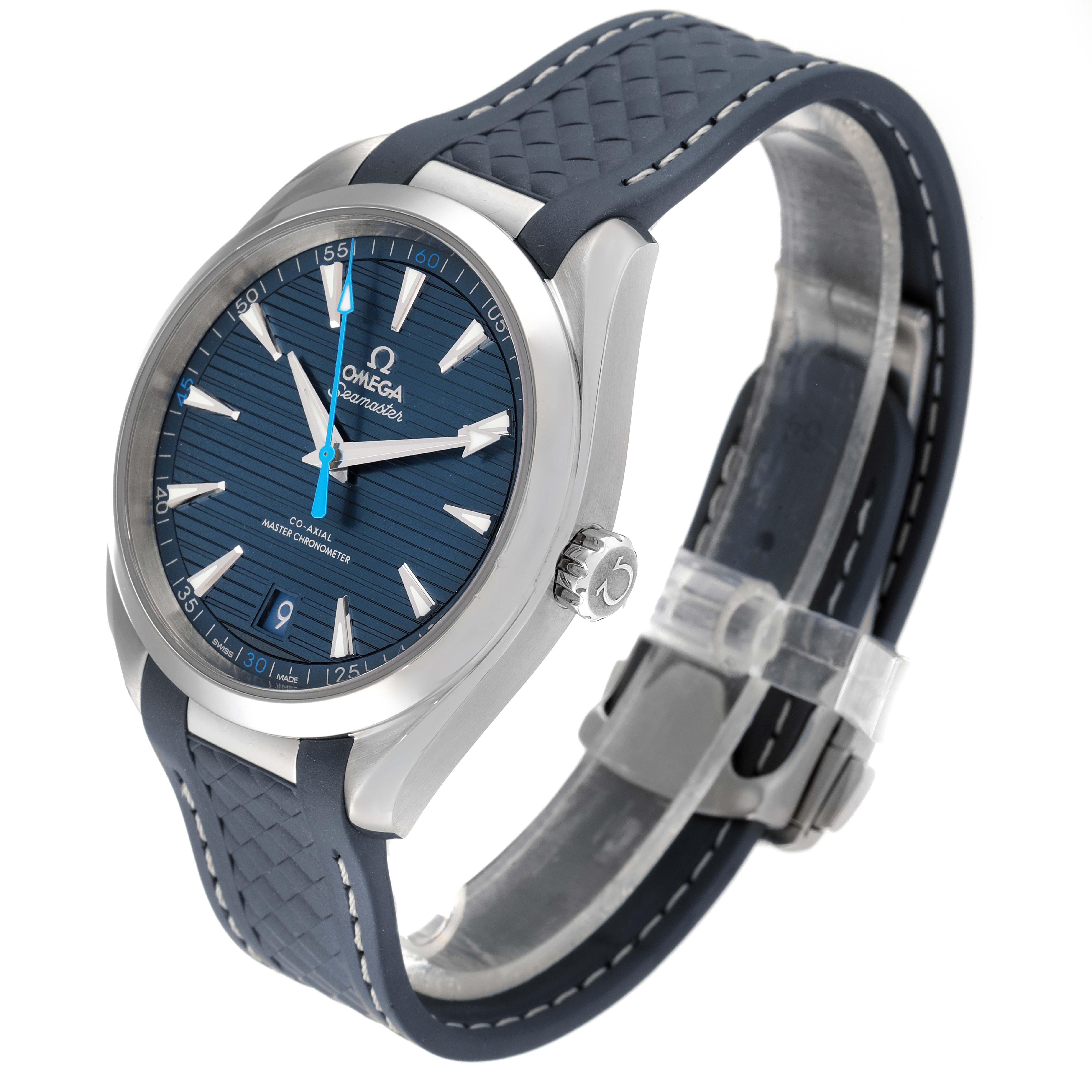 The image shows an Omega Aqua Terra 220.12.41.21.03.002 Men
s Stainless Steel Blue Dial 220.12.41.21.03.002 Men
s Stainless Steel Blue Dial watch, with a blue dial and rubber strap, viewed from a front angle.