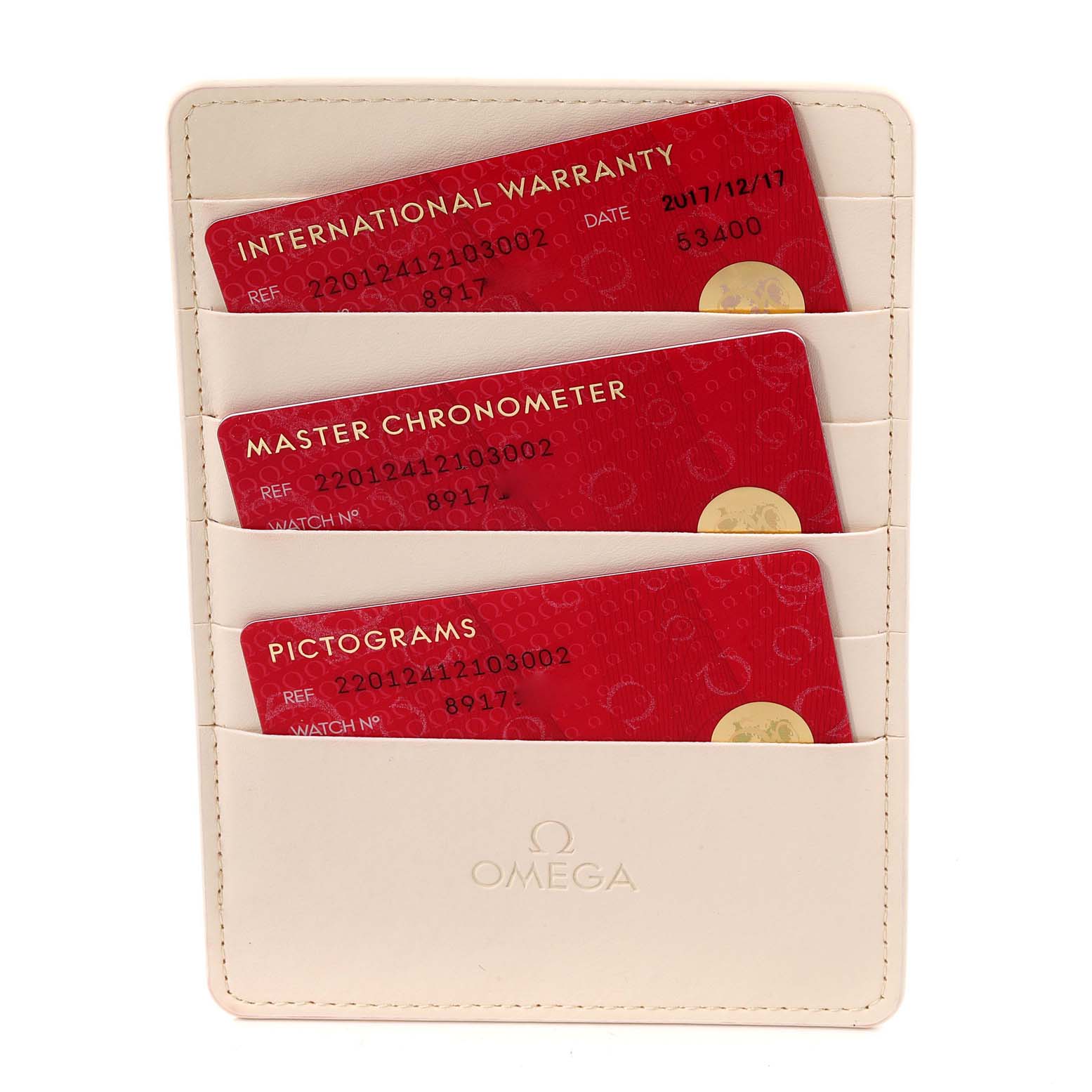 The image shows an Omega Aqua Terra 220.12.41.21.03.002 Men
s Stainless Steel Blue Dial 220.12.41.21.03.002 Men
s Stainless Steel Blue Dial model
s warranty, Master Chronometer, and Pictograms cards in a white cardholder.